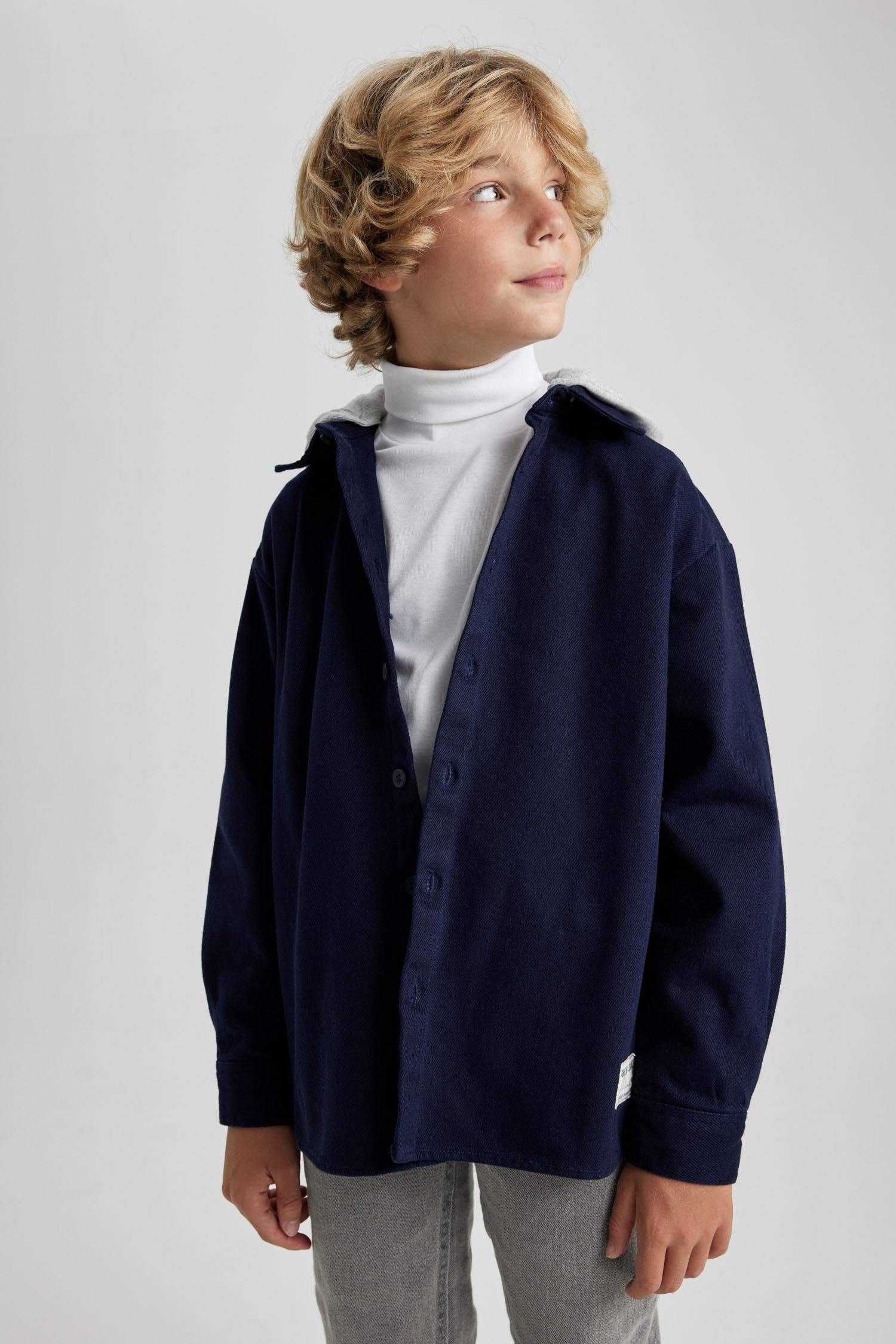 Boy Oversize Fit Hooded Gabardine Long Sleeve Shirt
