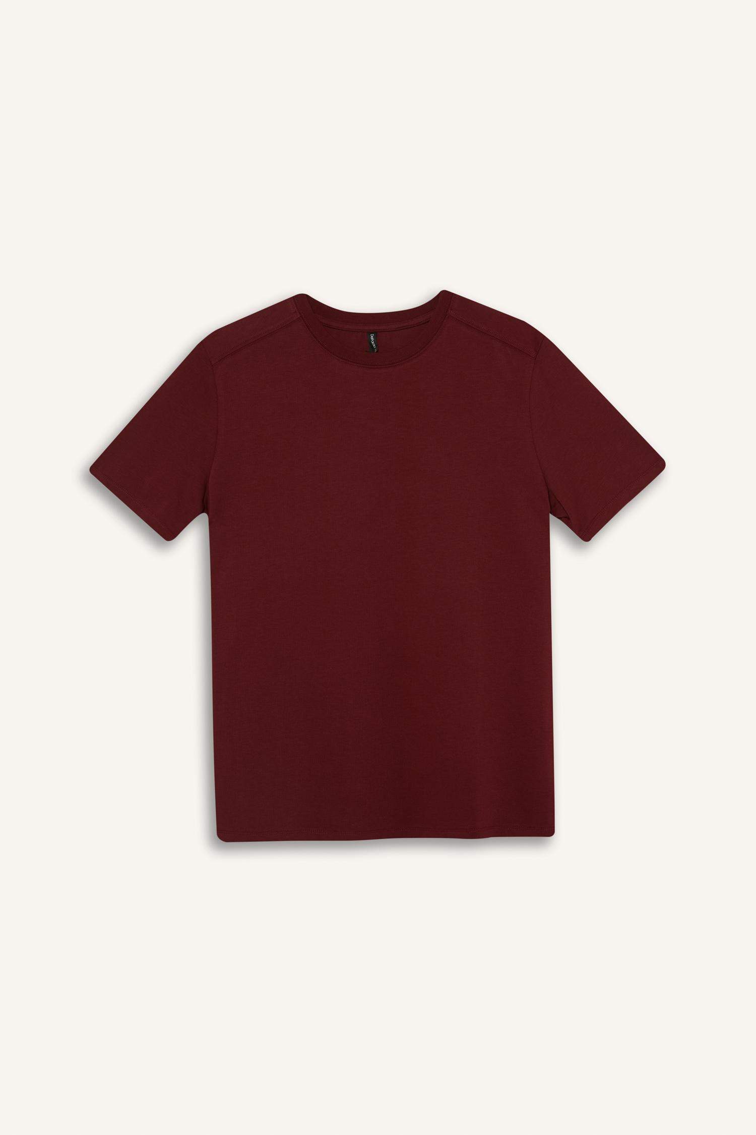 Regular Fit Bisiklet Yaka Basic Düz Premium Kısa Kollu Bordo Tişört