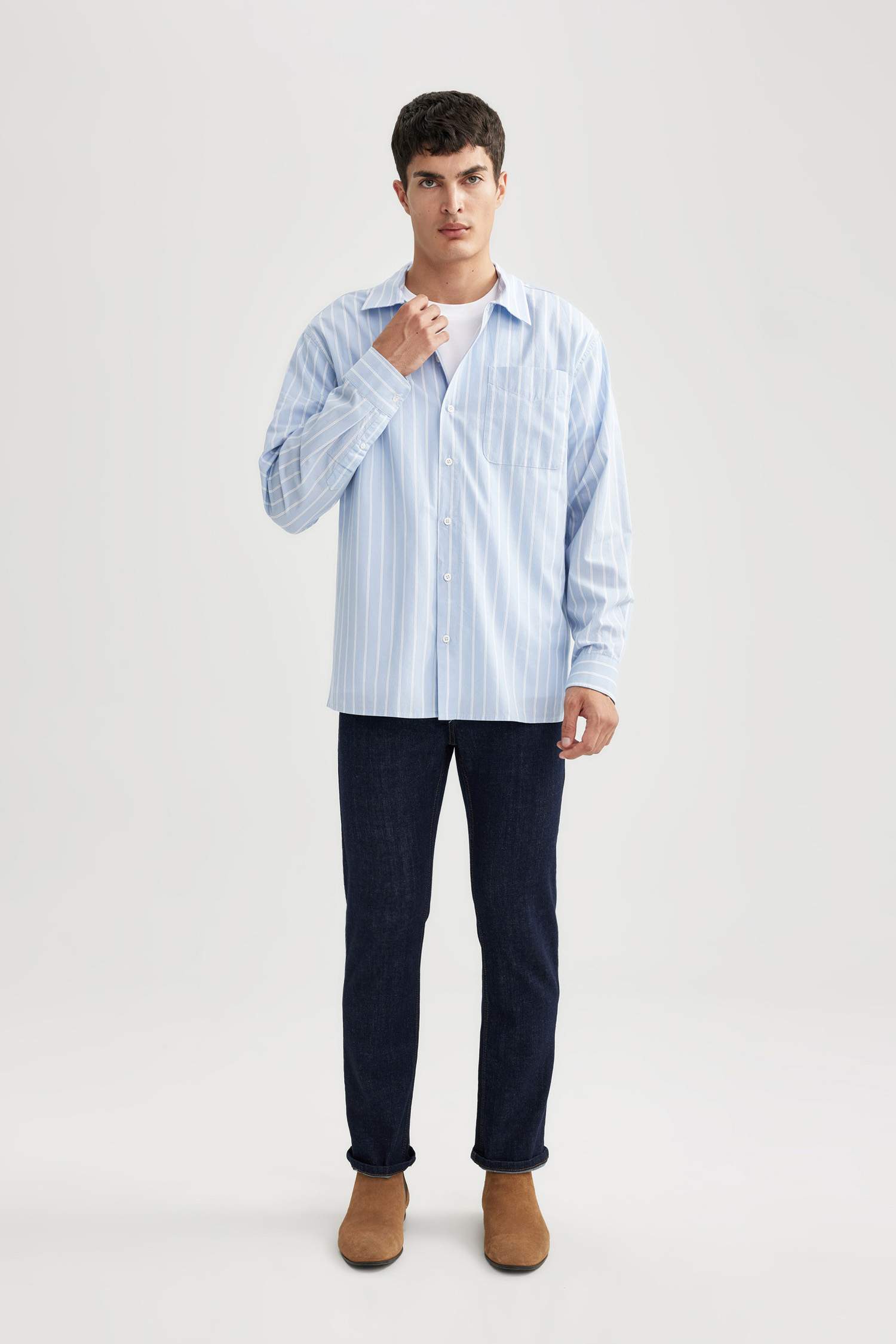 قميص بولو مخطط كم طويل قصة مريحة