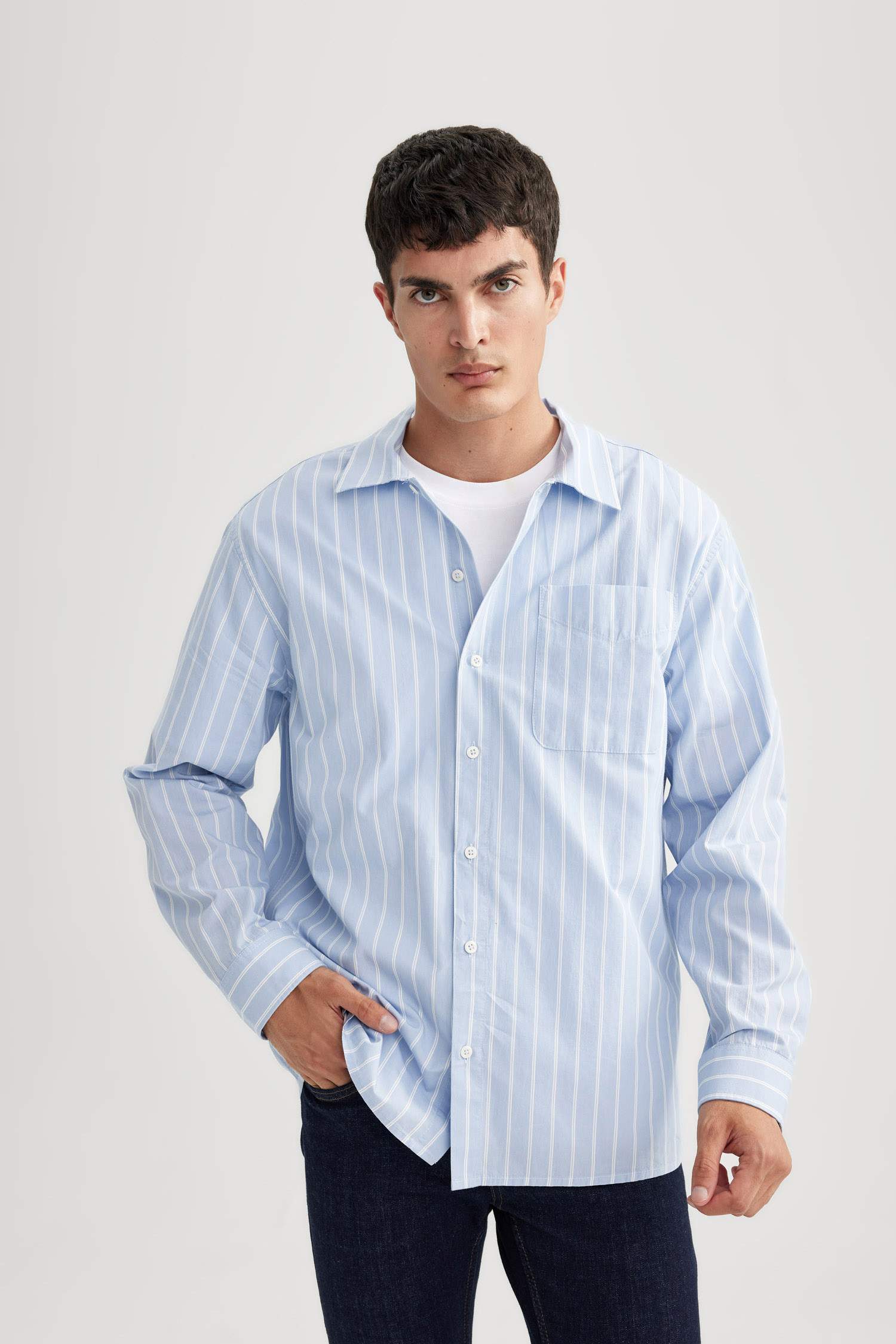 قميص بولو مخطط كم طويل قصة مريحة