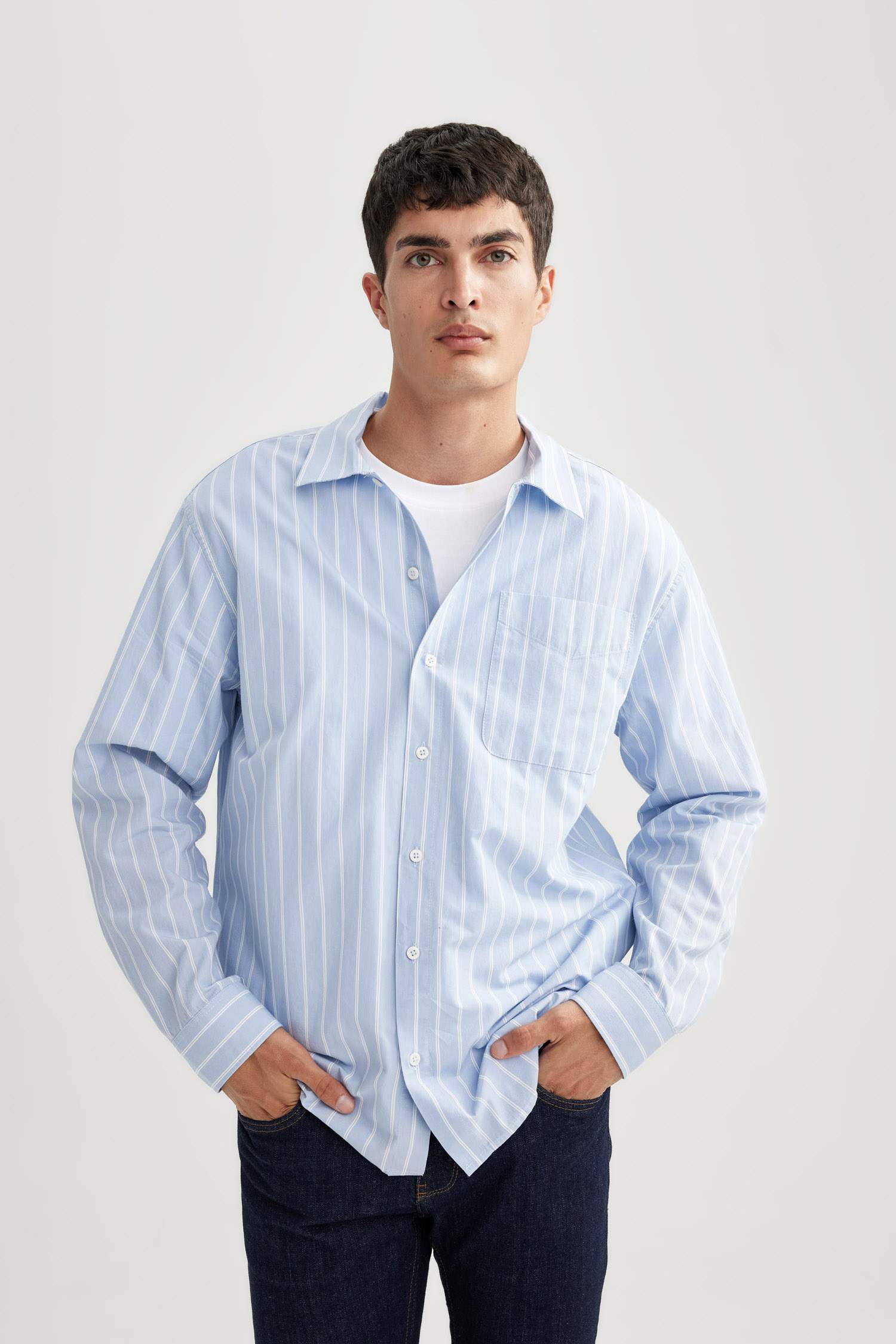 قميص بولو مخطط كم طويل قصة مريحة