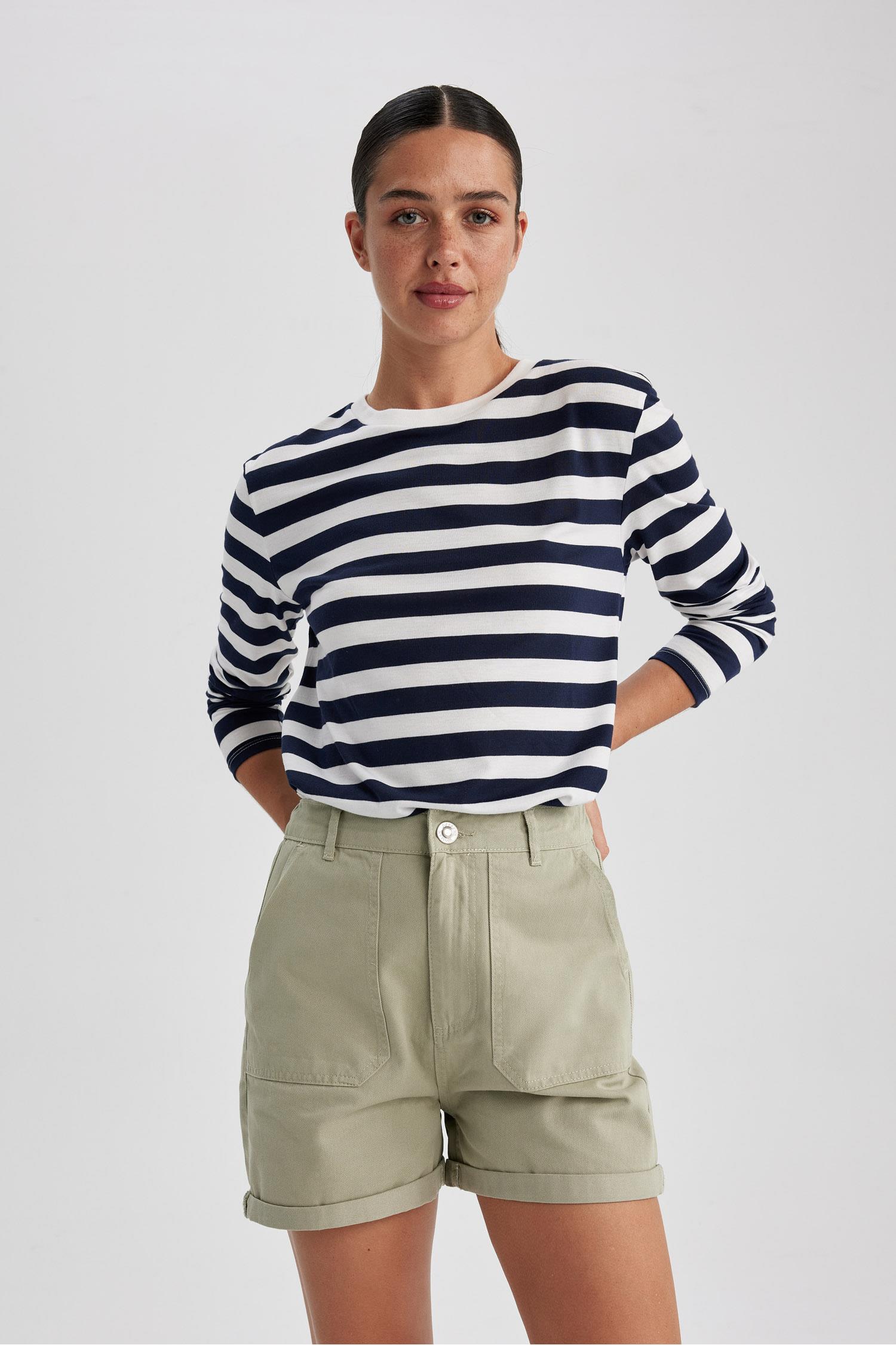 Navy WOMEN Regular Fit Crew Neck Long Sleeve T-Shirt 2840106 | DeFacto