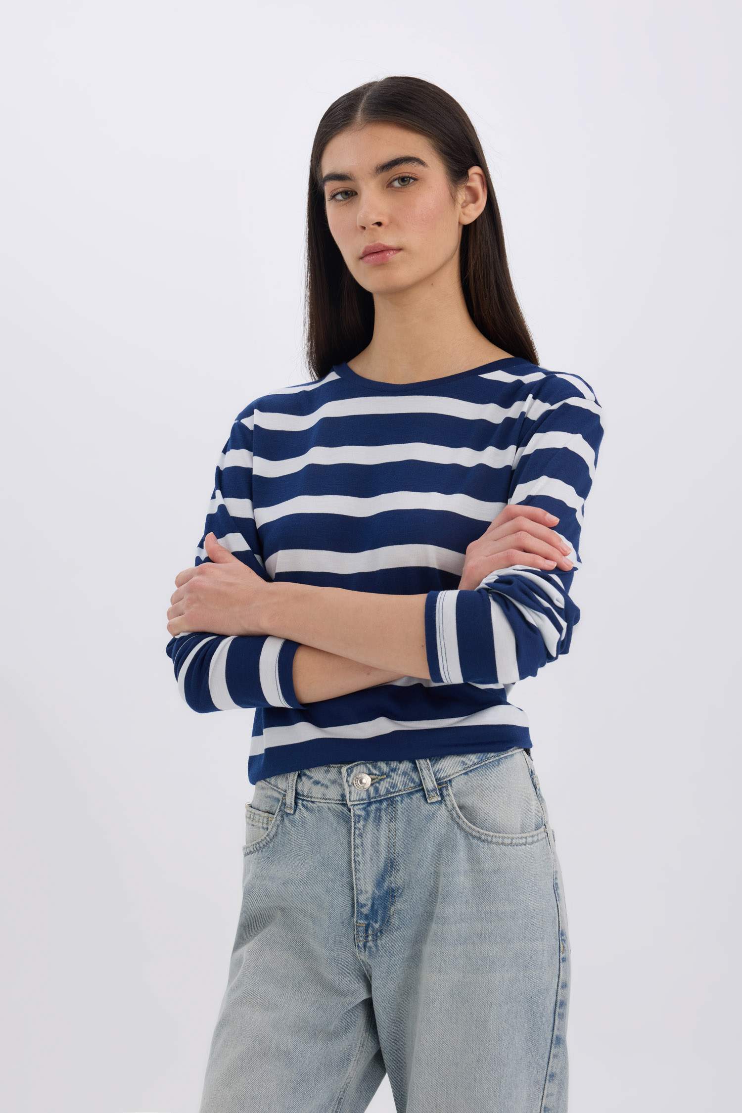 Regular Fit Bisiklet Yaka Çizgili Casual Uzun Kollu Tişört