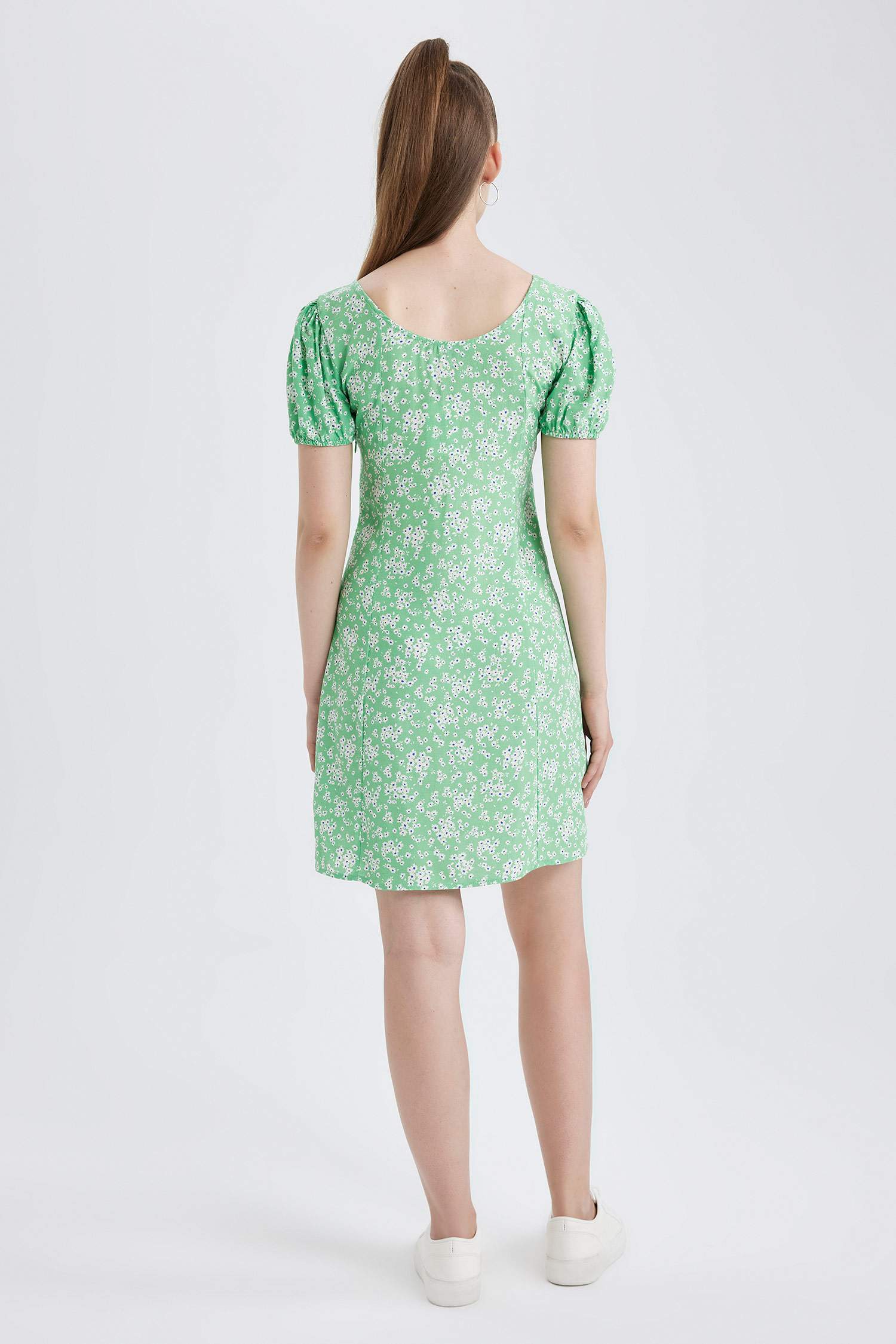 Heart Collar Floral Balloon Sleeves Mini Dress