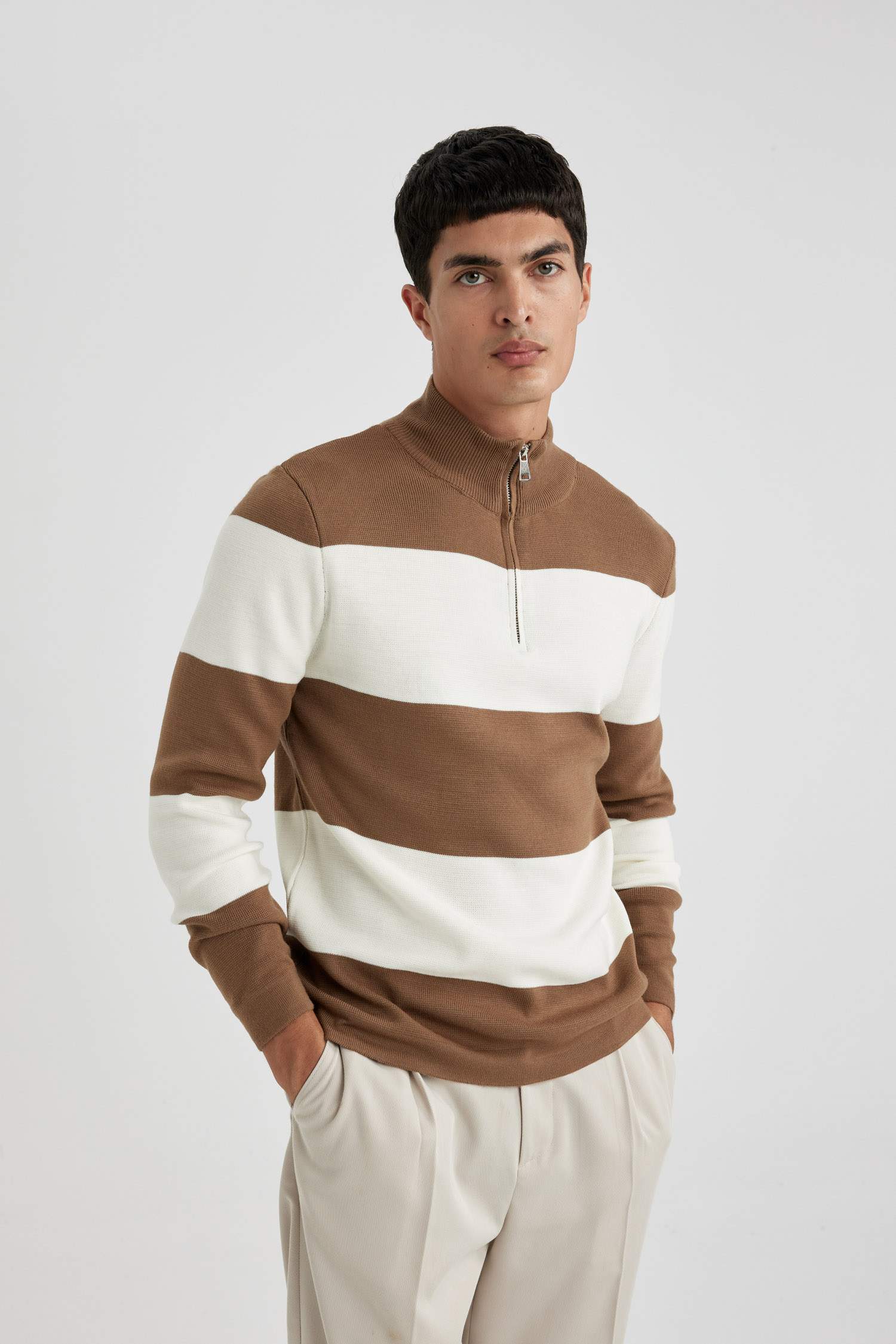 Standard Fit Striped Stand Collar Zippered Knitted Pullover