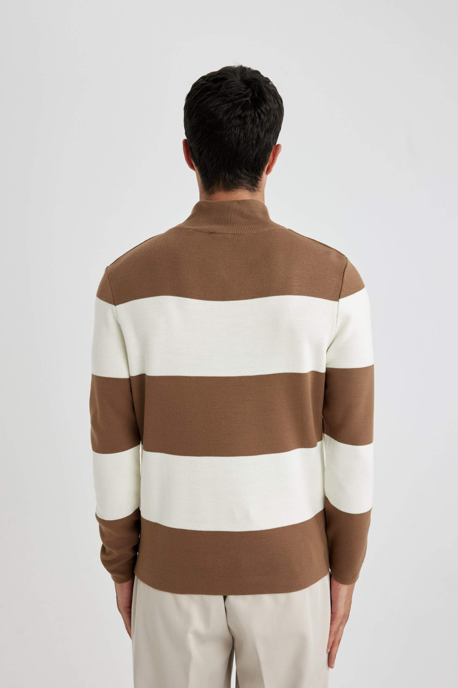 Standard Fit Striped Stand Collar Zippered Knitted Pullover