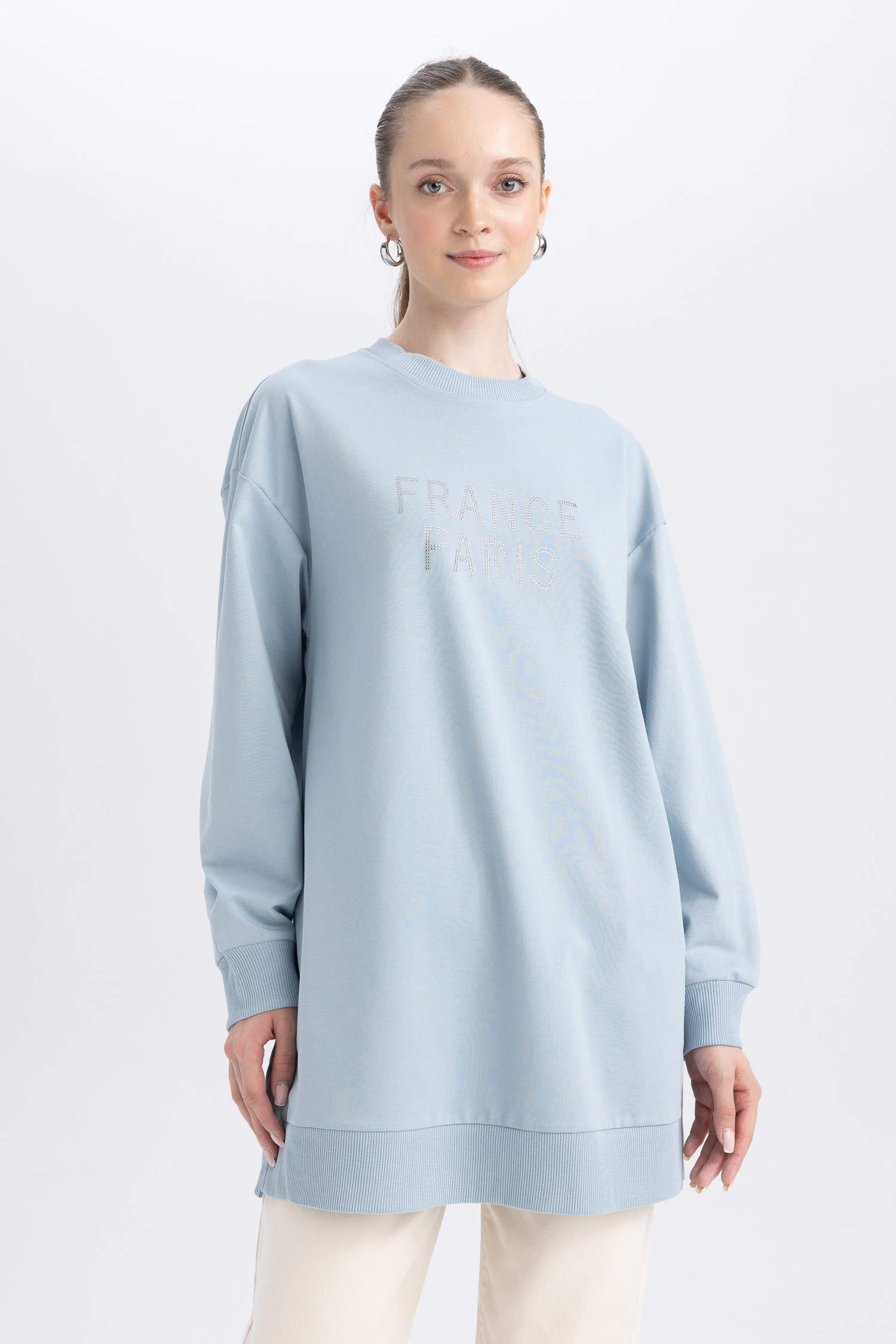 Blue Woman Regular Fit Thin Sweatshirt Fabric Crew Neck Embroidered ...