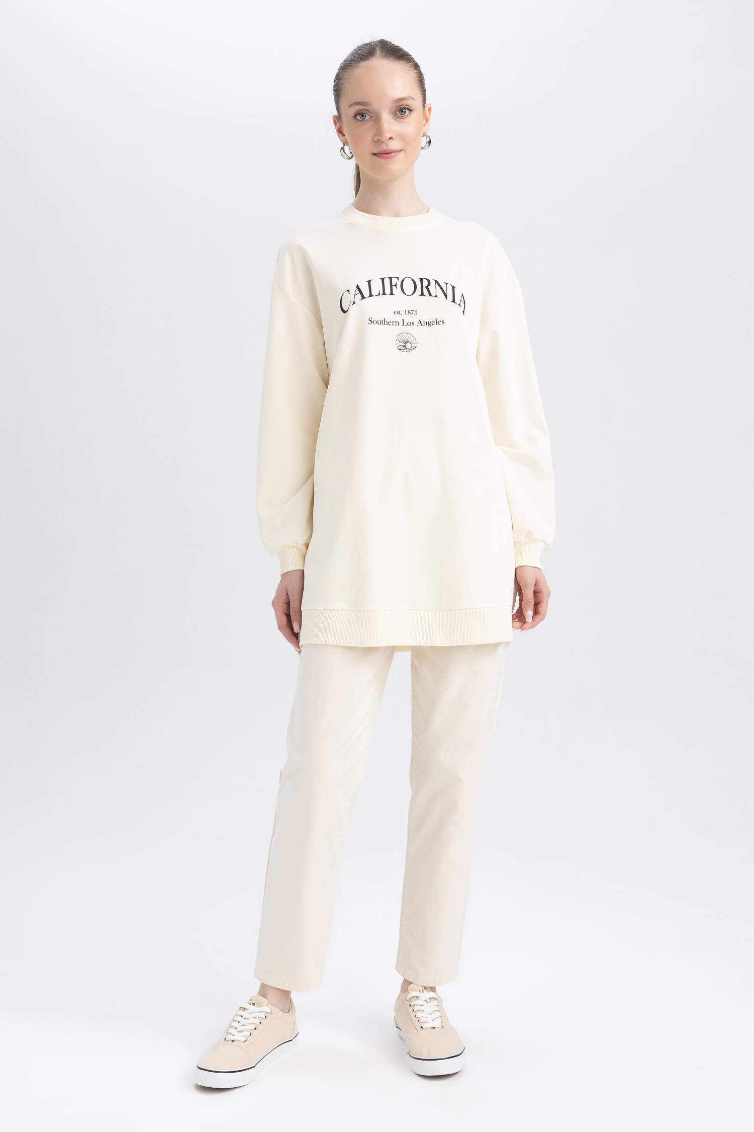 Regular Fit Bisiklet Yaka Baskılı Sweatshirt Tunik