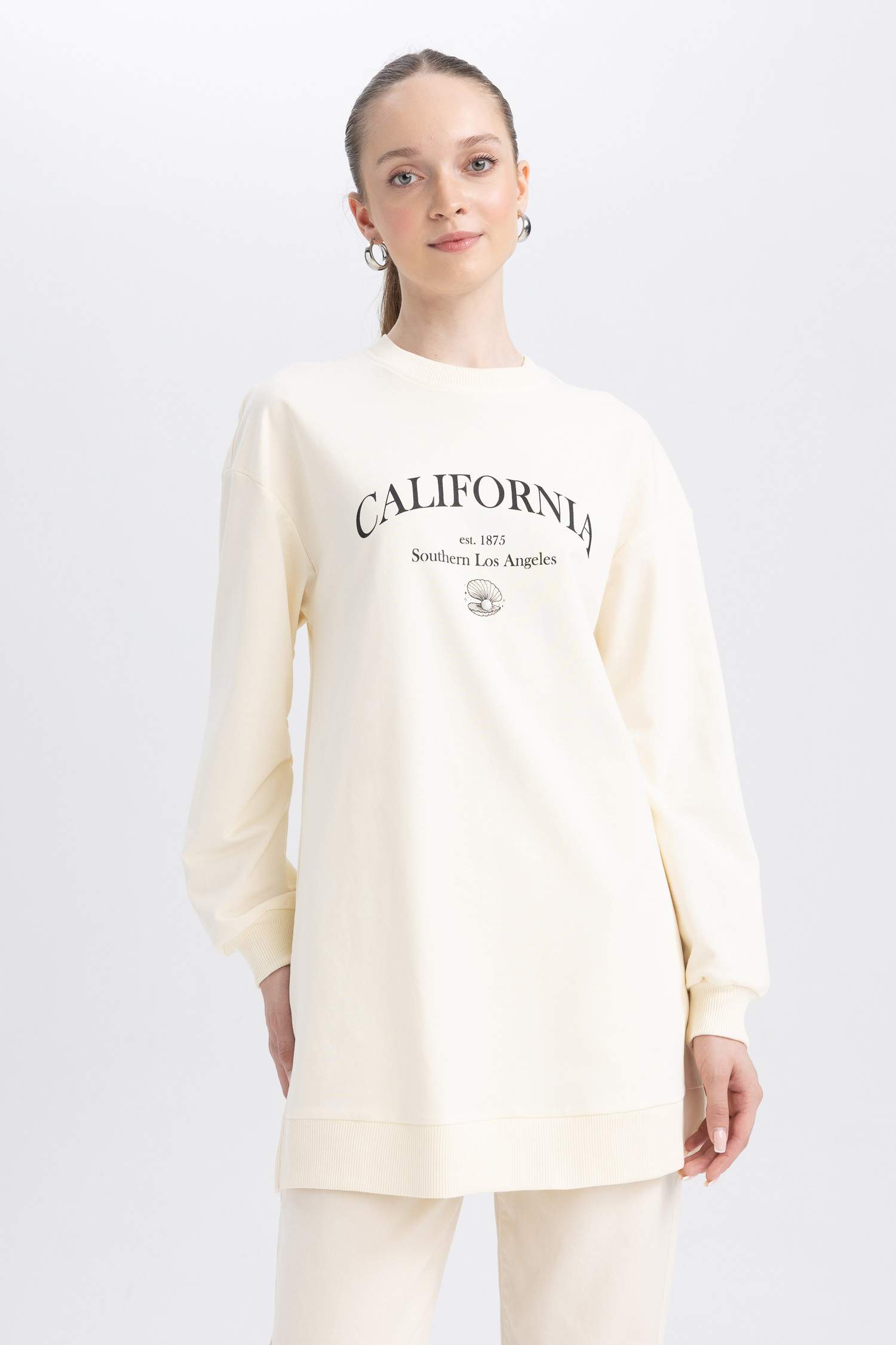 Regular Fit Bisiklet Yaka Baskılı Sweatshirt Tunik