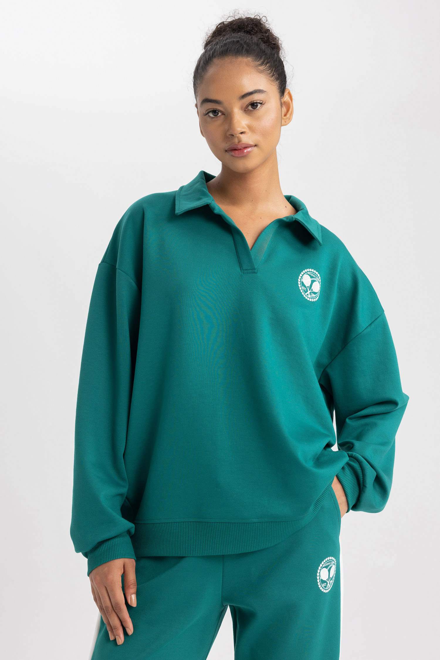 Світшот оверсайз з вирізом поло з принтом слоганом Неопрен для жінок