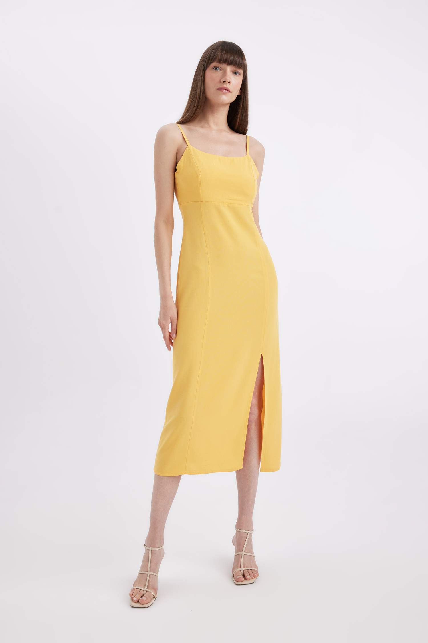 Square Neck Linen Blend Strap Midi Dress