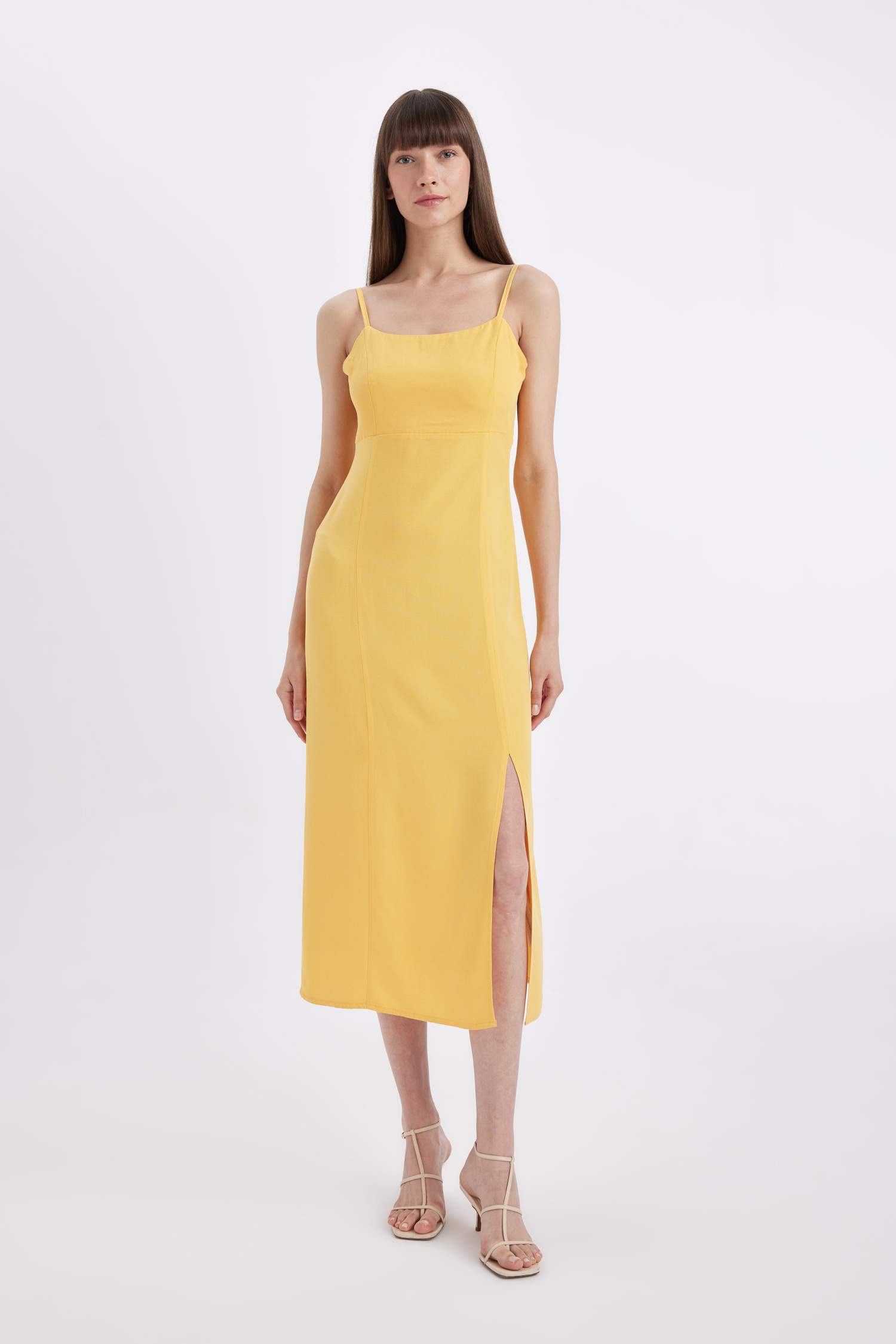 Square Neck Linen Blend Strap Midi Dress