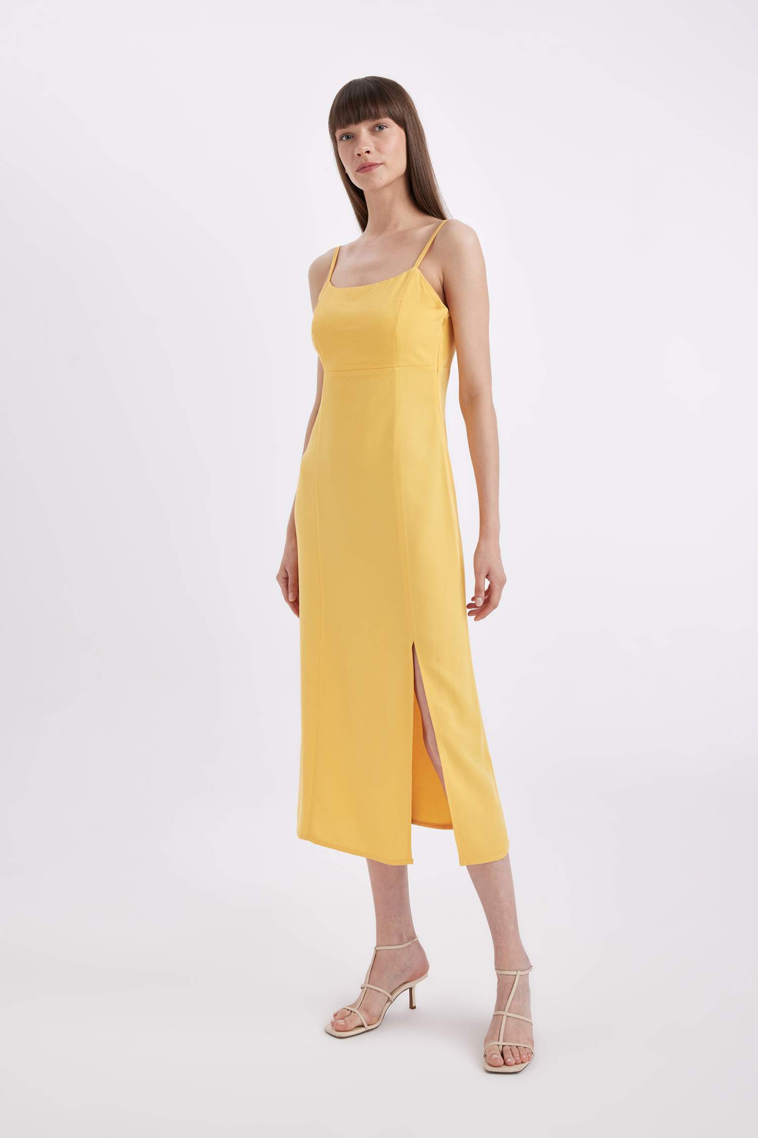 Square Neck Linen Blend Strap Midi Dress