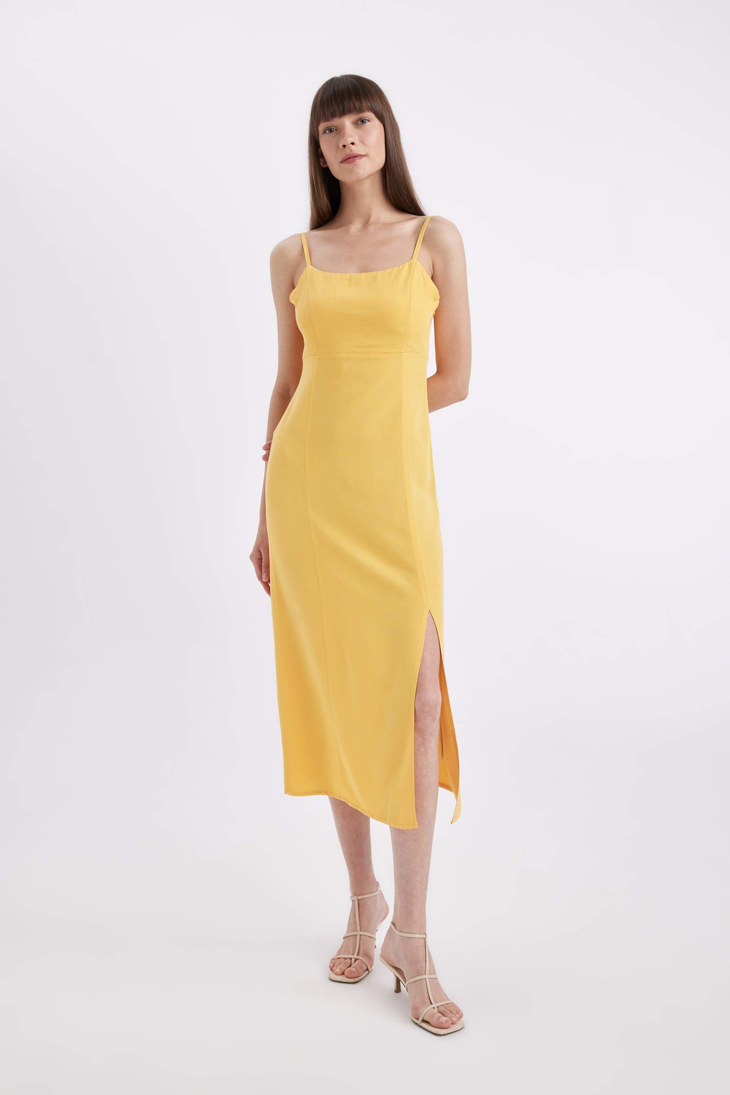 Square Neck Linen Blend Strap Midi Dress