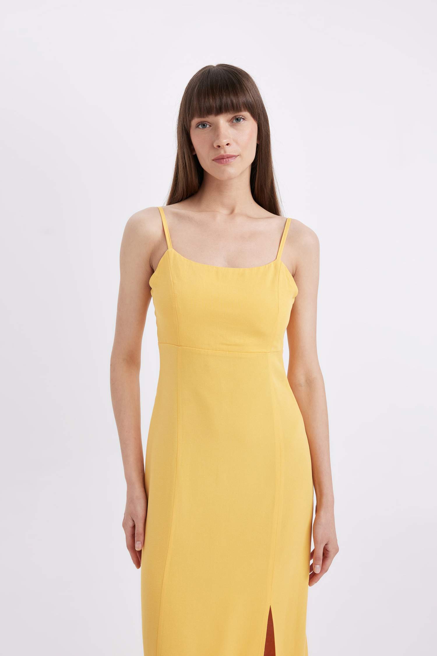 Square Neck Linen Blend Strap Midi Dress