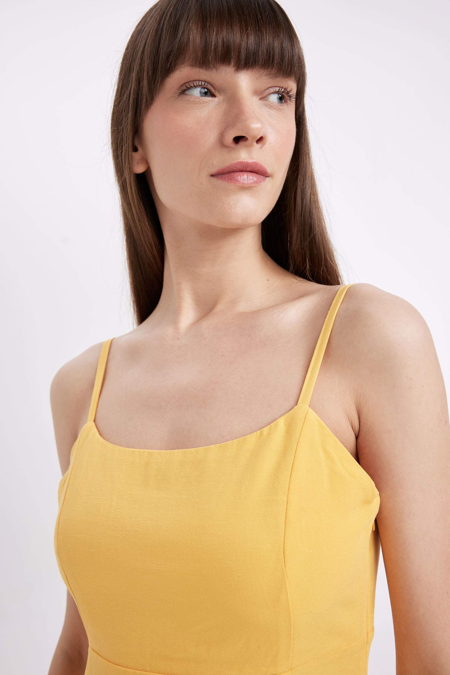 Square Neck Linen Blend Strap Midi Dress