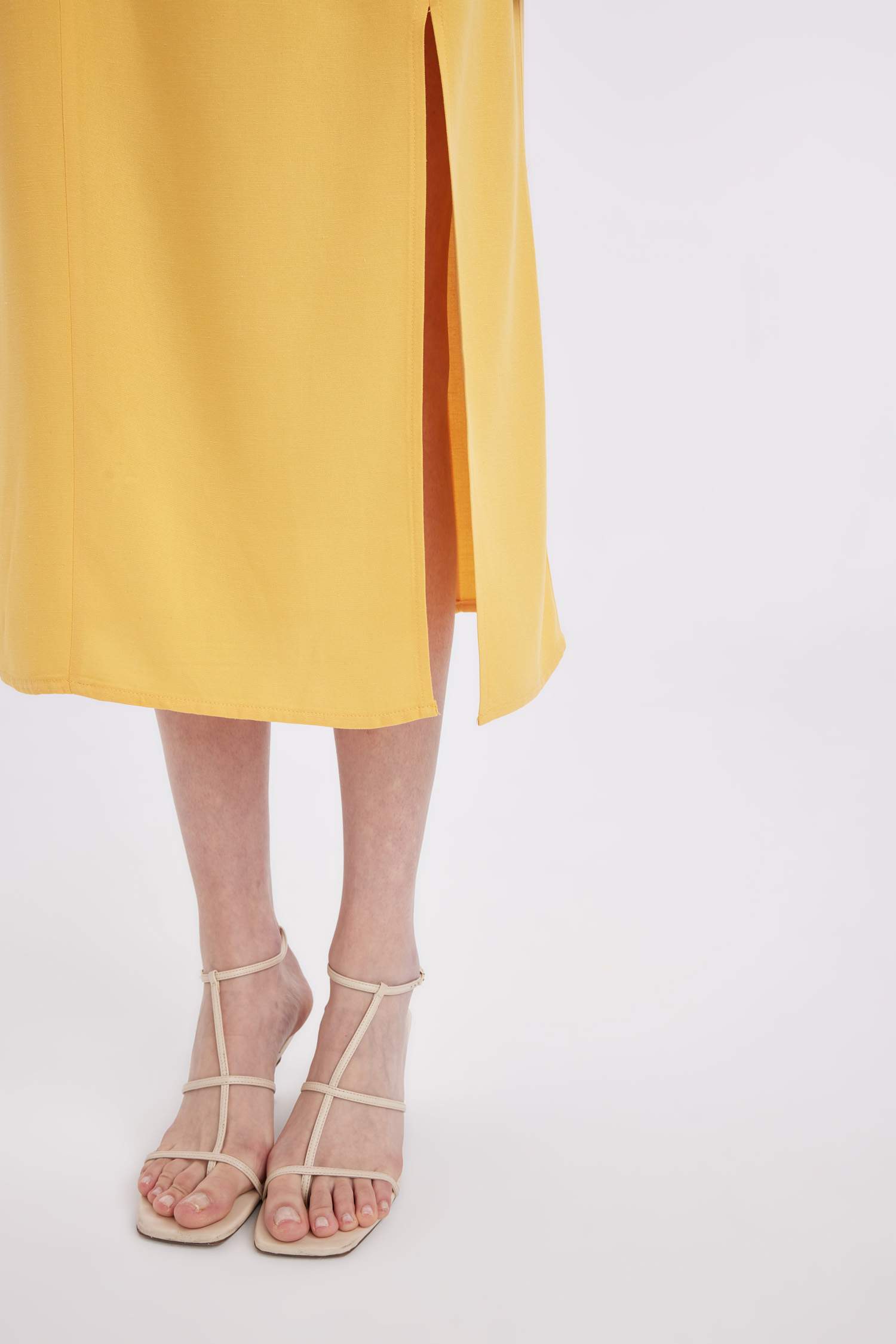 Square Neck Linen Blend Strap Midi Dress