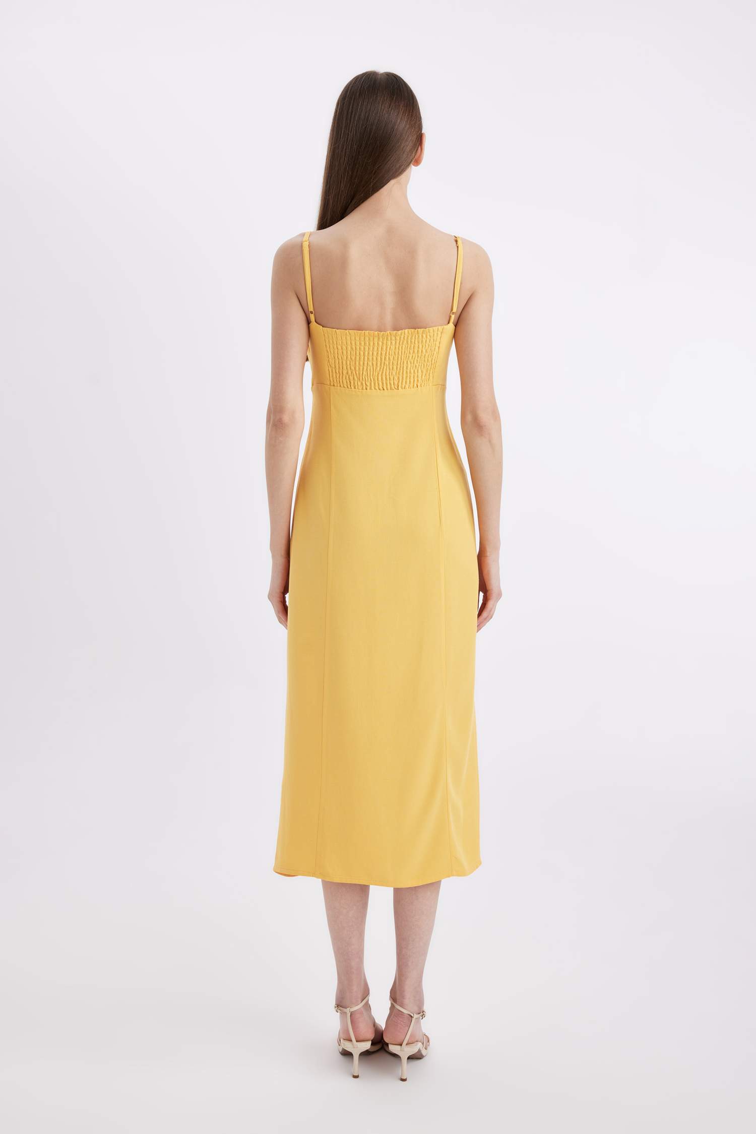 Square Neck Linen Blend Strap Midi Dress