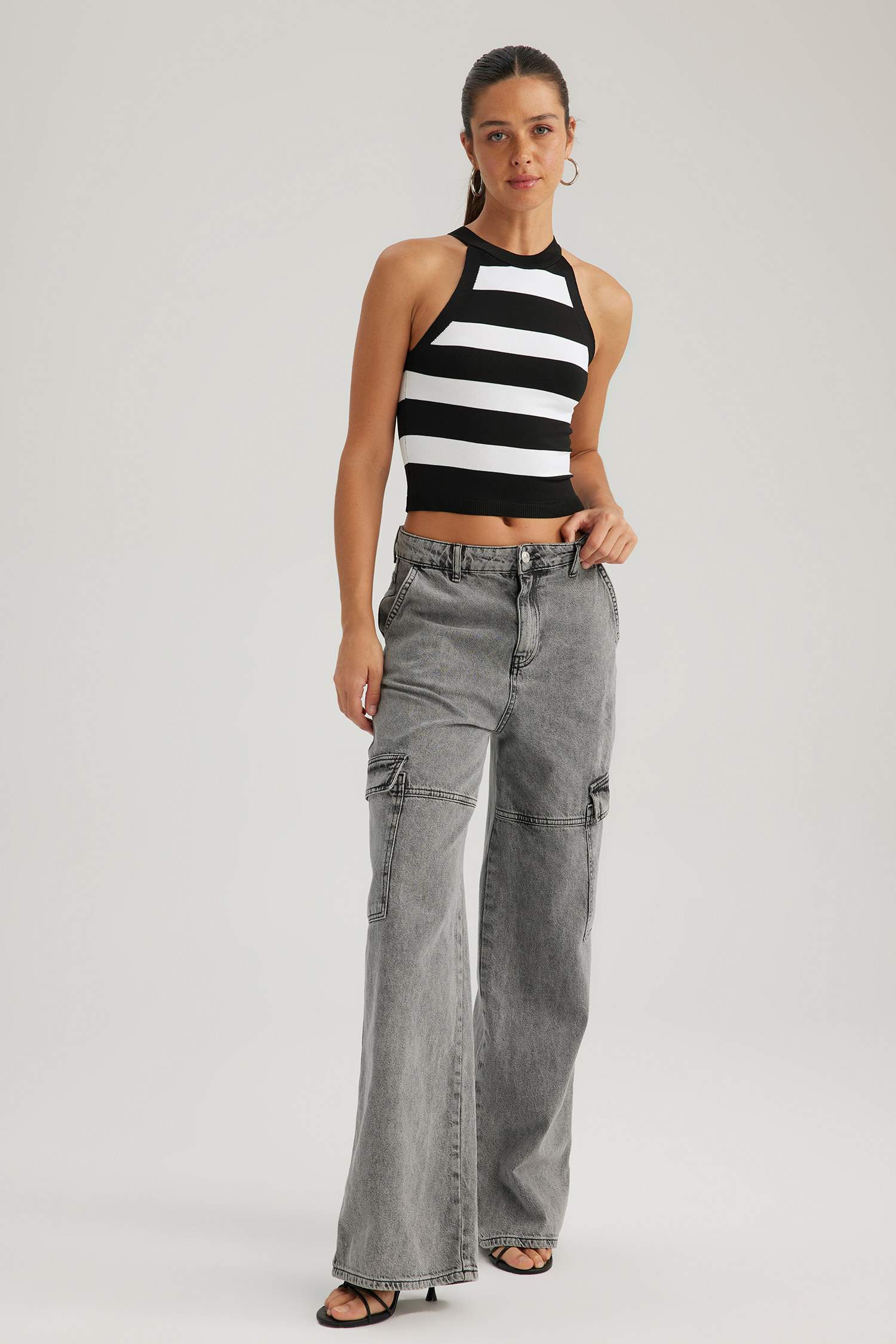 Fitted Çizgili Halter Yaka Atlet