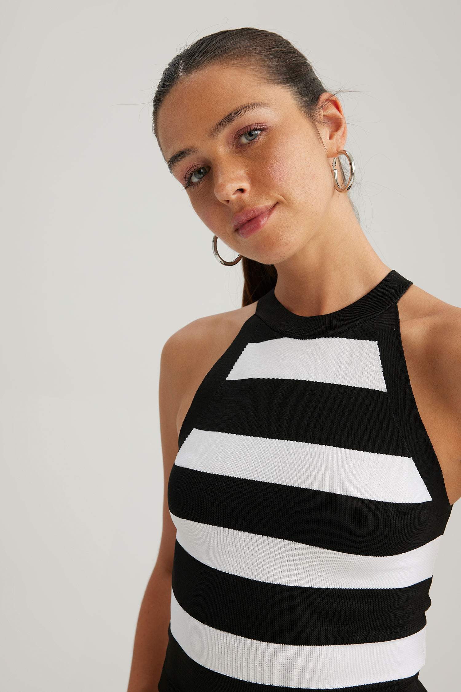 Fitted Çizgili Halter Yaka Atlet