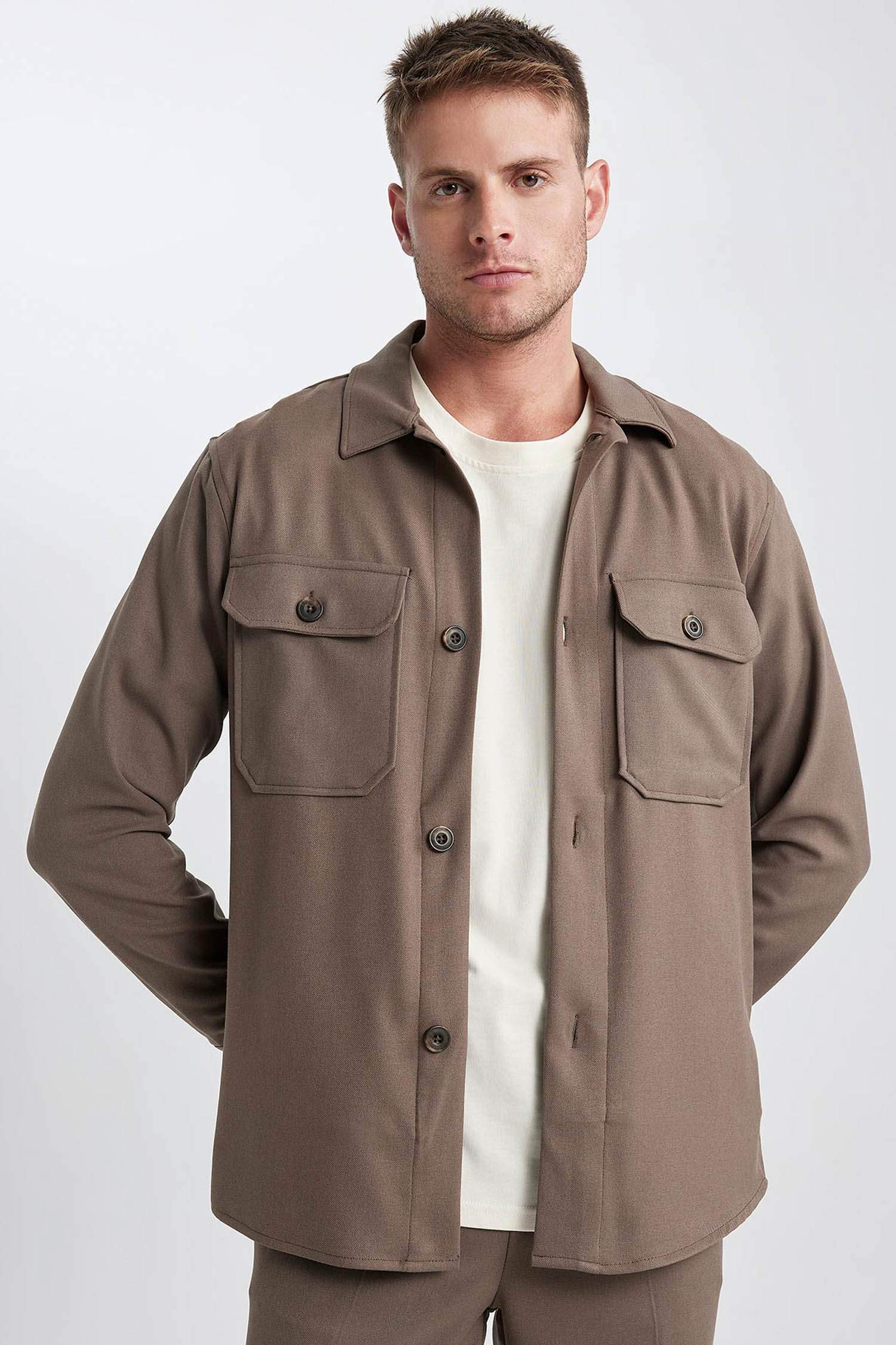 Regular Fit Polo Neck Long Sleeve Shirt Jacket
