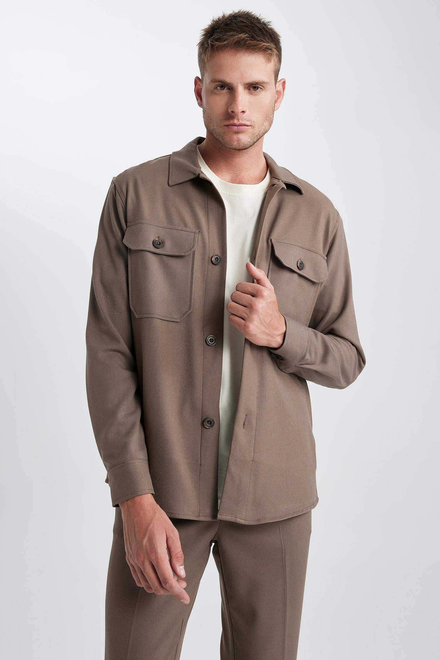 Regular Fit Polo Neck Long Sleeve Shirt Jacket