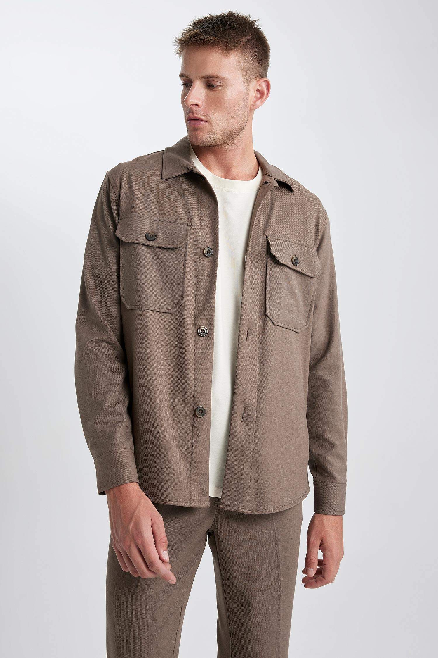 Regular Fit Polo Neck Long Sleeve Shirt Jacket