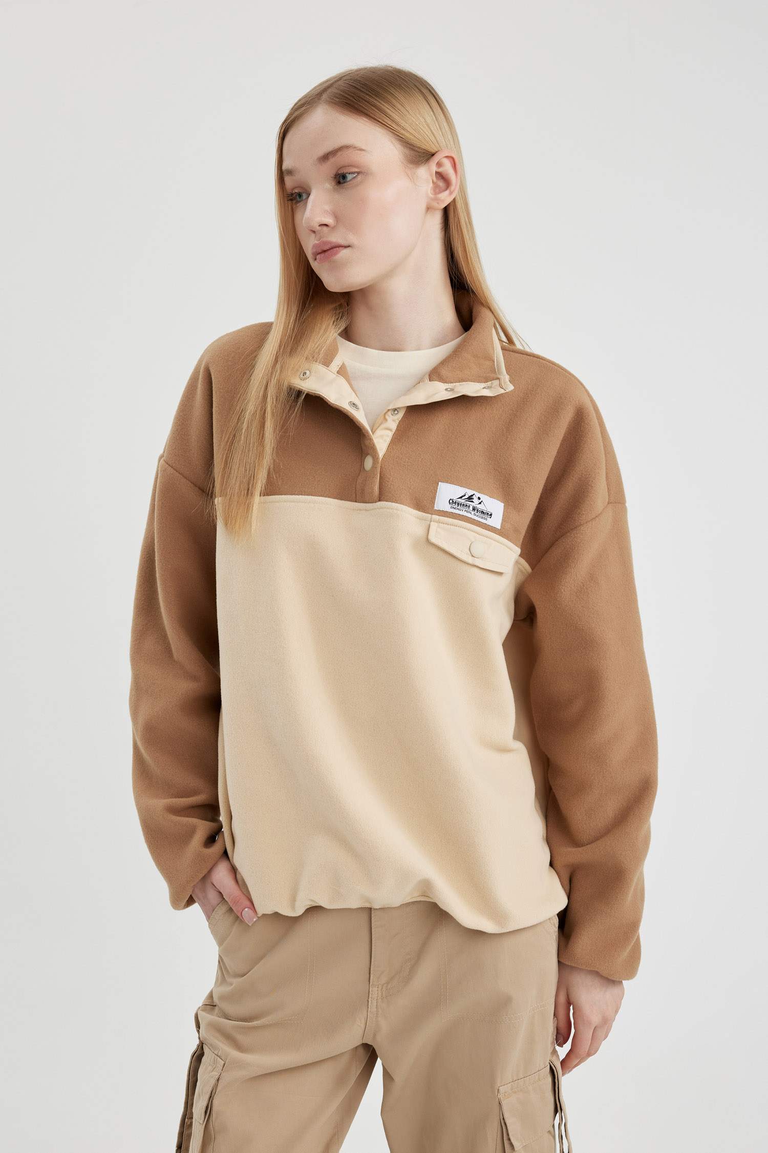 Loose Fit Stand Collar Elasticated Sleeve Fleece Sweatshirt