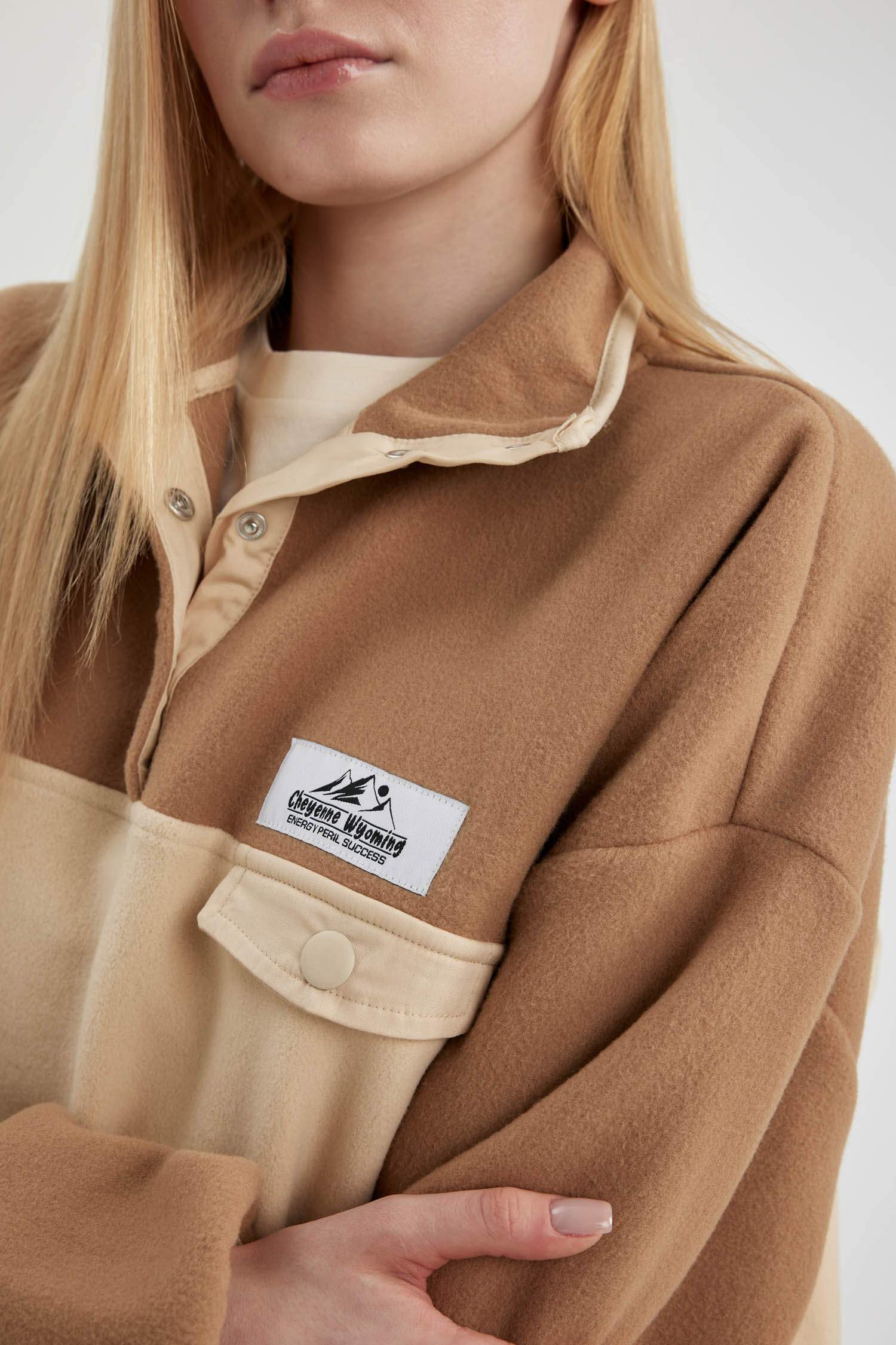 Loose Fit Stand Collar Elasticated Sleeve Fleece Sweatshirt