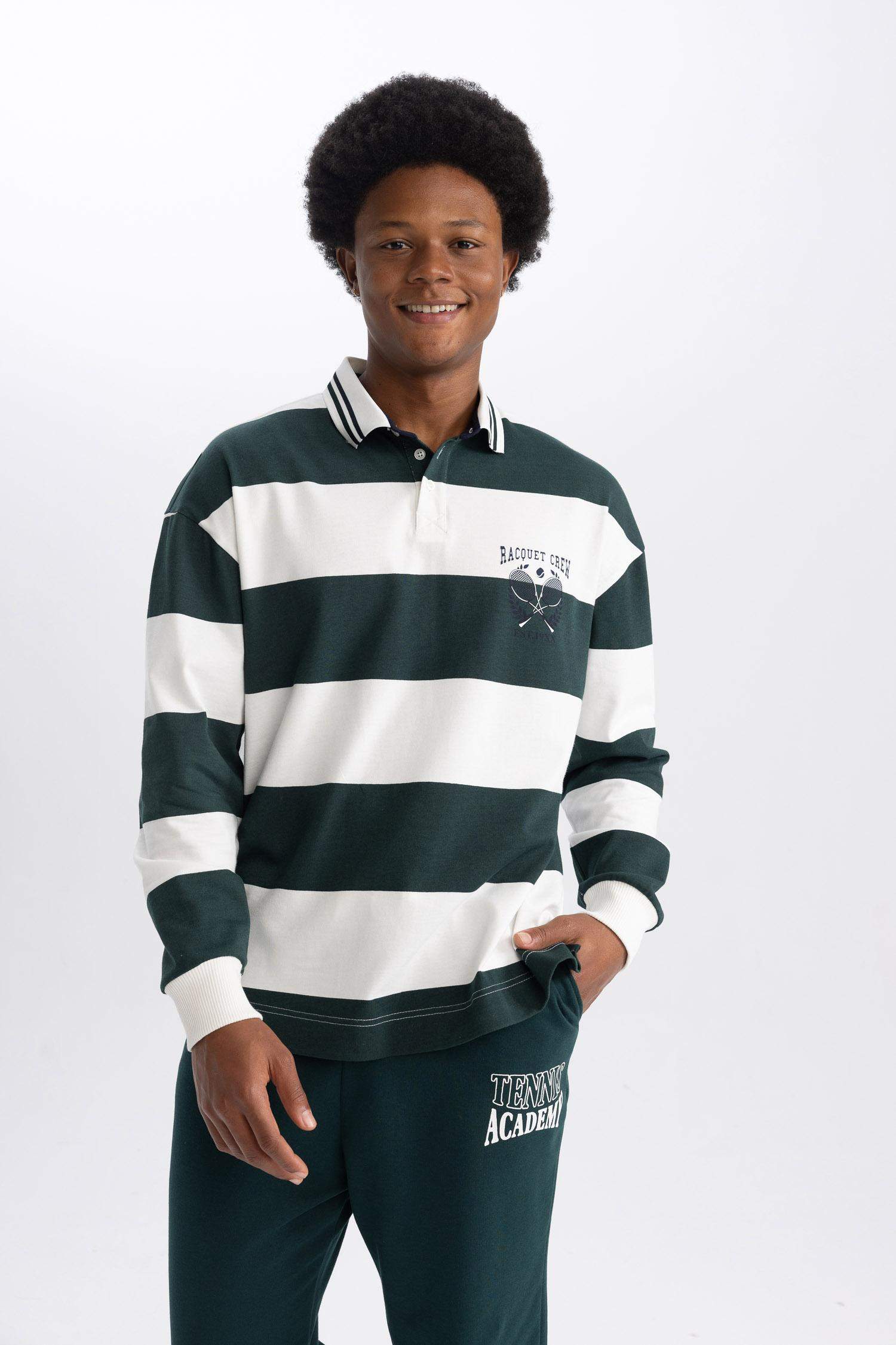 DeFactoFit Boxy Fit Striped Long Sleeve Polo Shirt