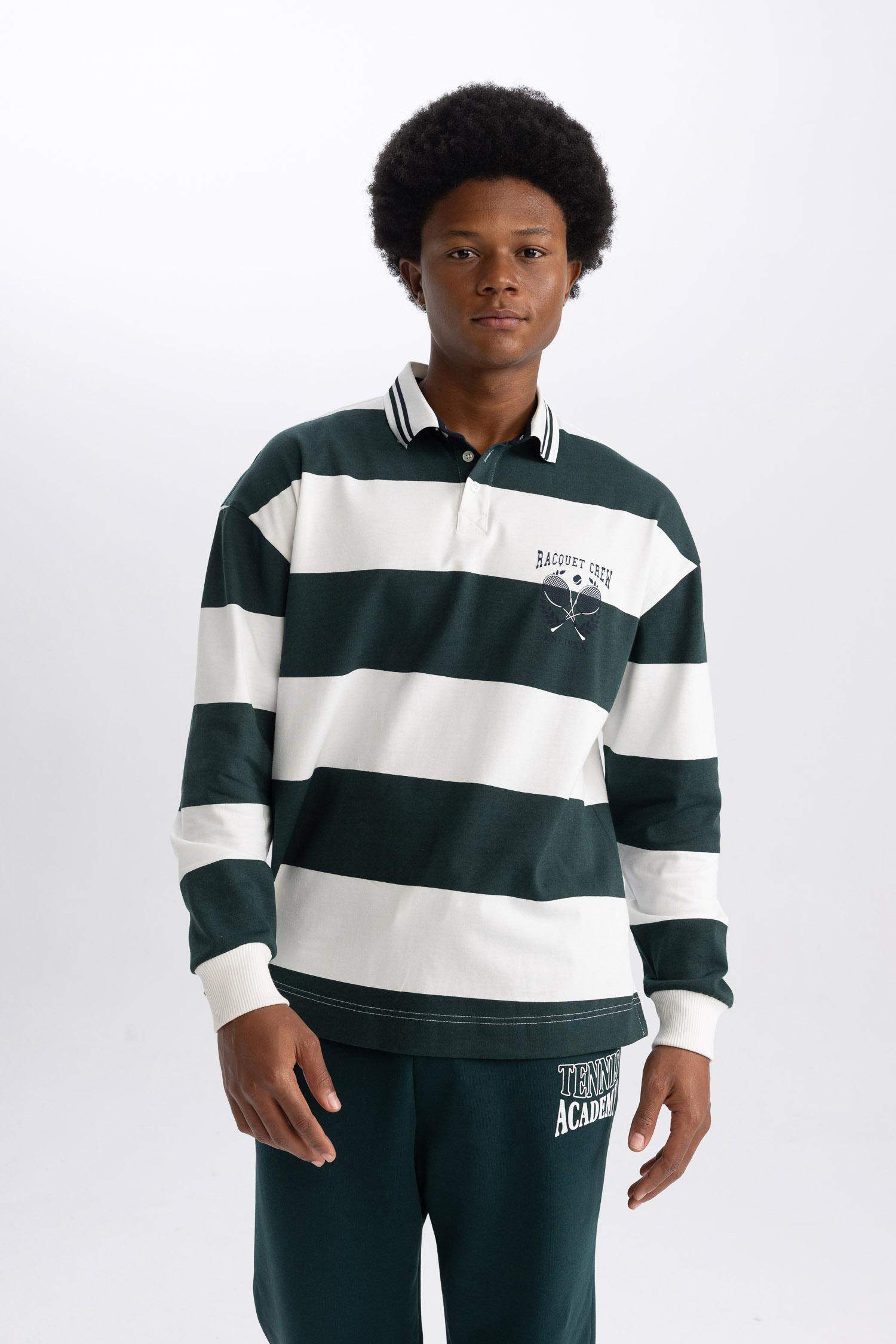 DeFactoFit Boxy Fit Striped Long Sleeve Polo Shirt