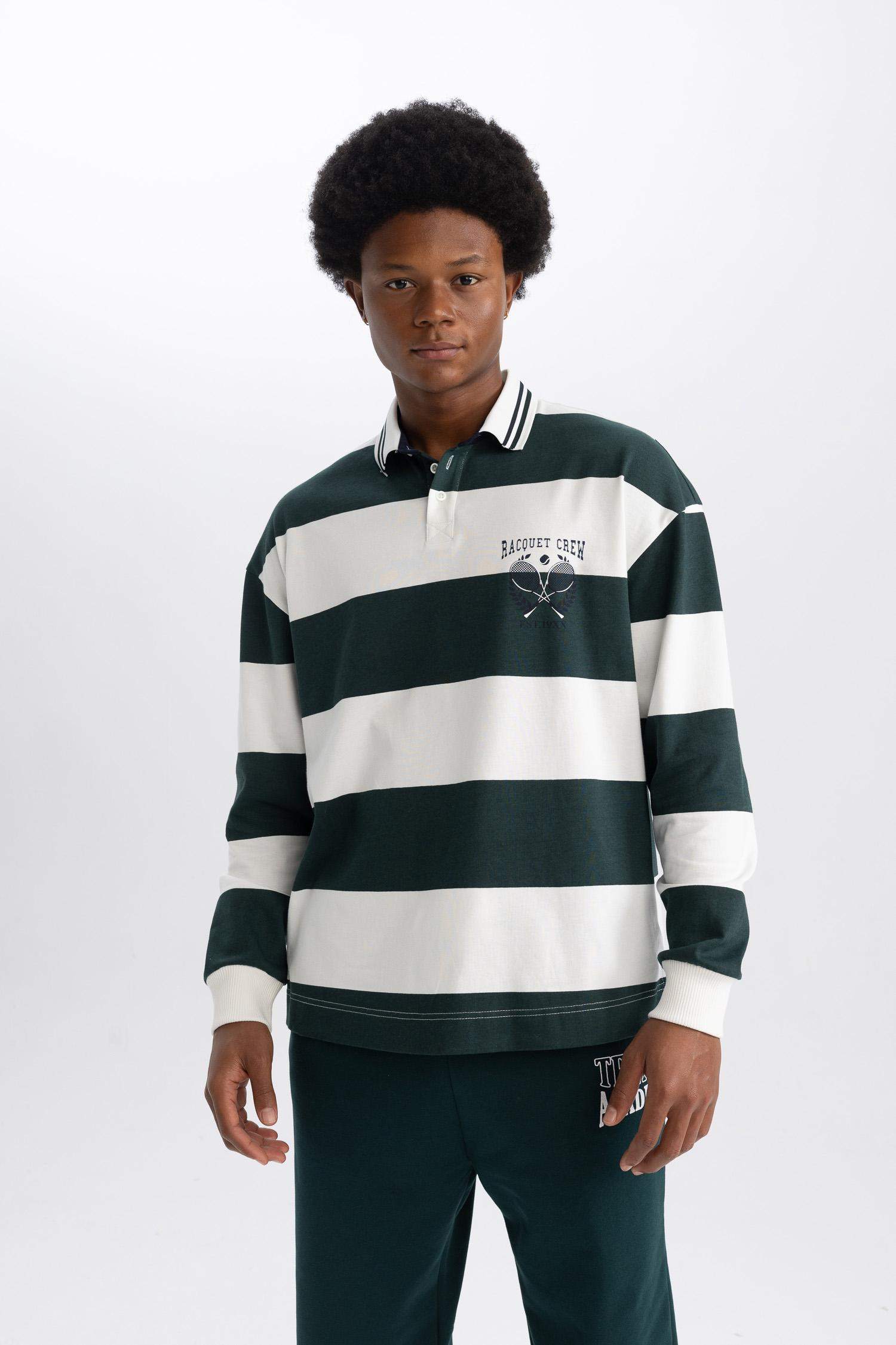 DeFactoFit Boxy Fit Striped Long Sleeve Polo Shirt