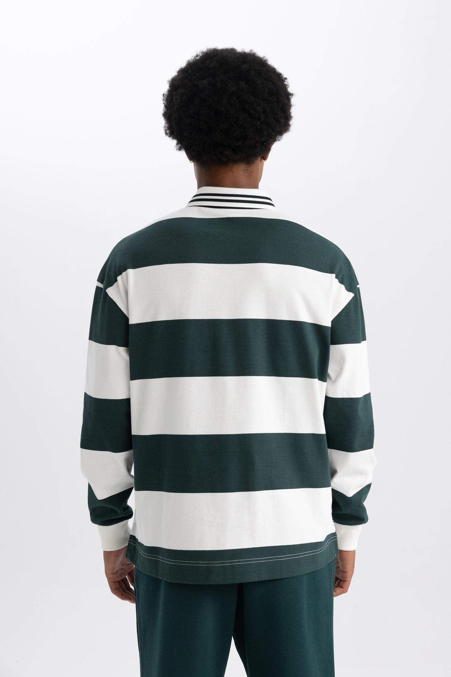 DeFactoFit Boxy Fit Striped Long Sleeve Polo Shirt