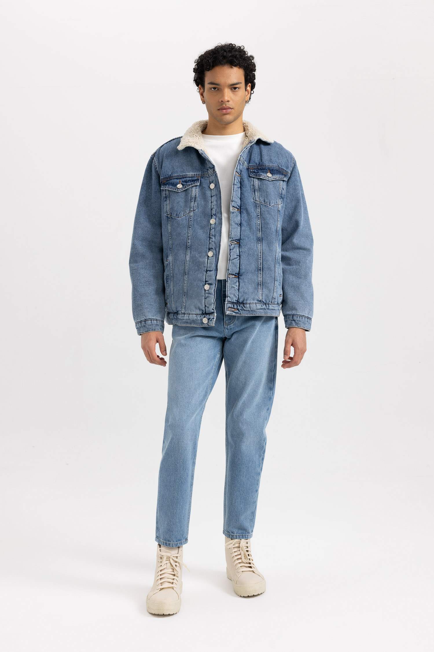 Slim Fit Dar Kesim Suni Kürklü Yaka Jean Ceket