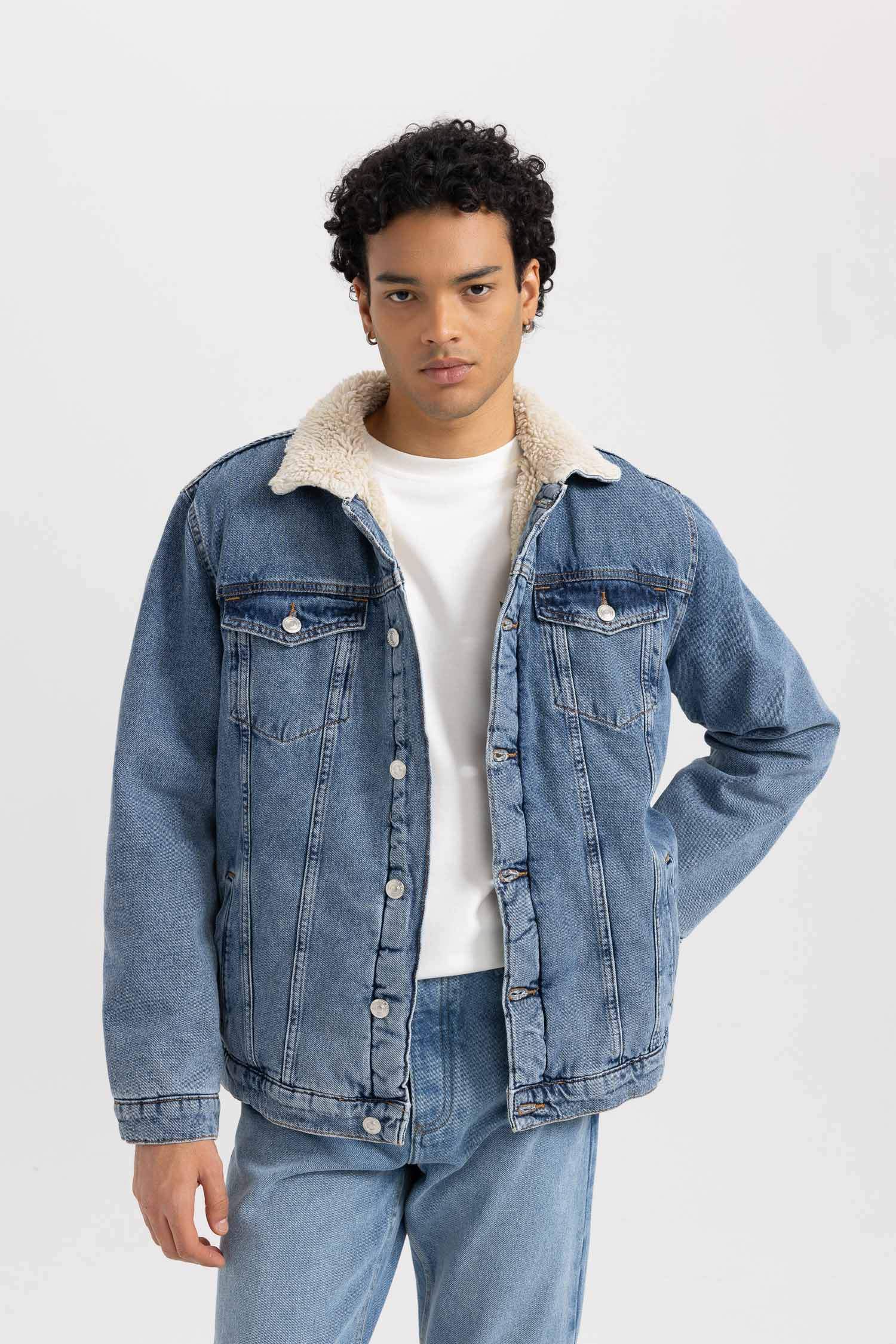 Slim Fit Dar Kesim Suni Kürklü Yaka Jean Ceket