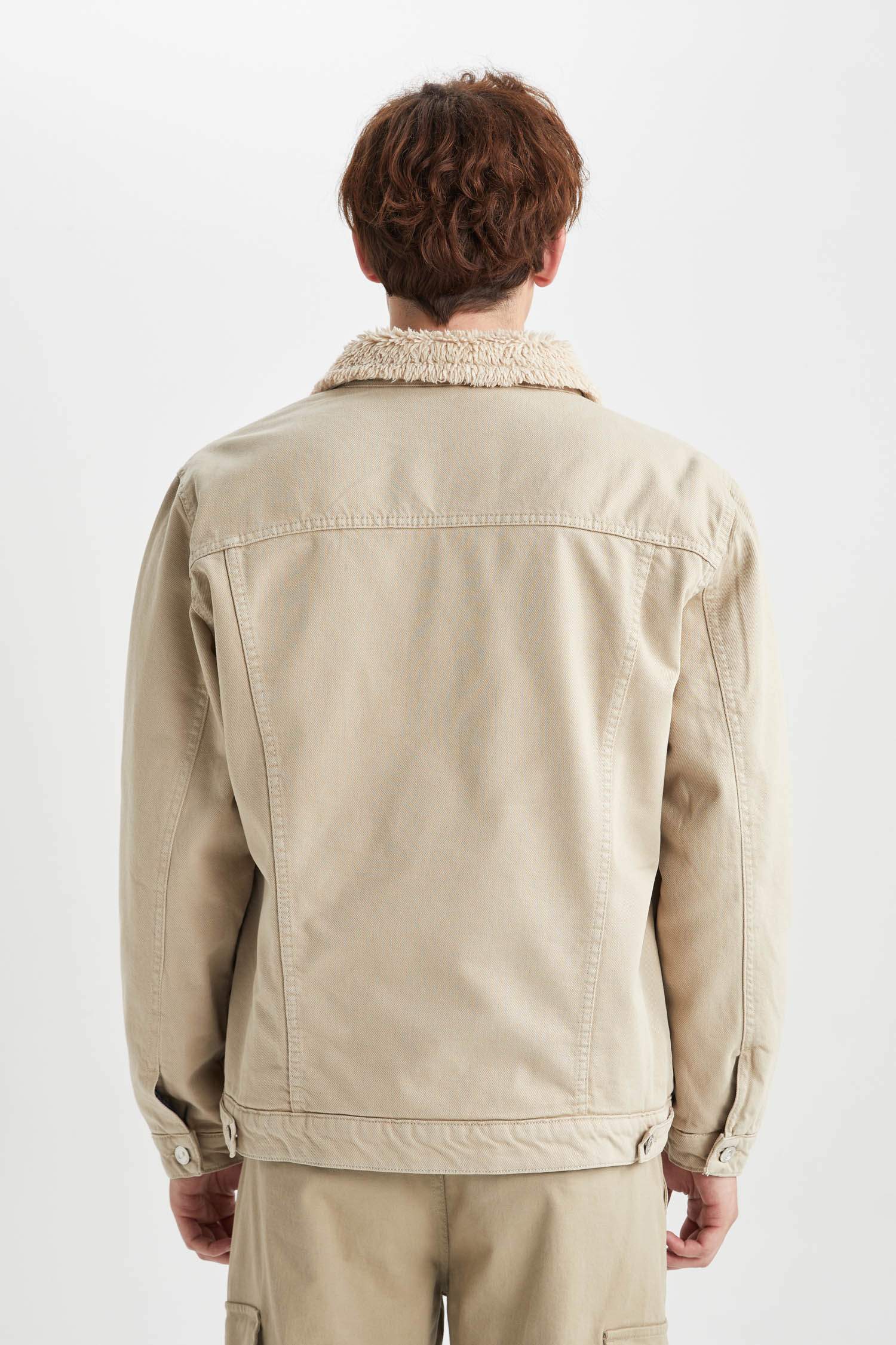 Slim Fit Dar Kesim Suni Kürklü Yaka Düğmeli Cepli Jean Ceket