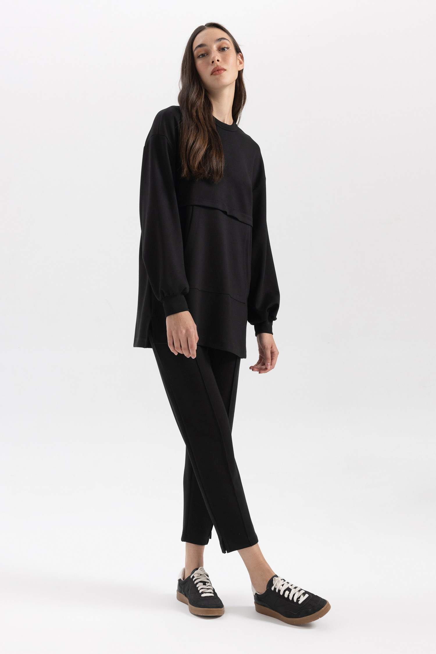 تونيك كم طويل قصة عادية بياقة مستديرة