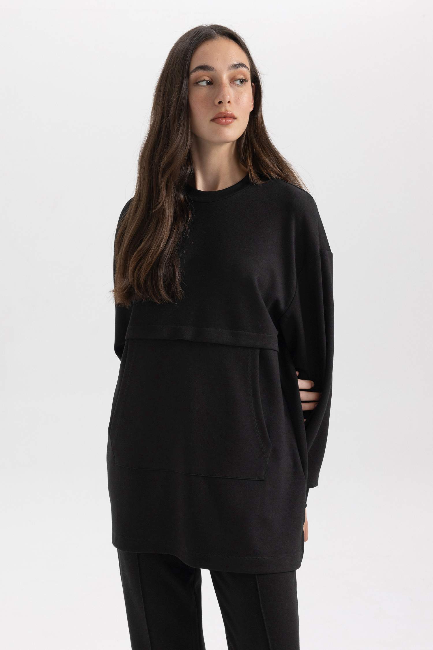 تونيك كم طويل قصة عادية بياقة مستديرة