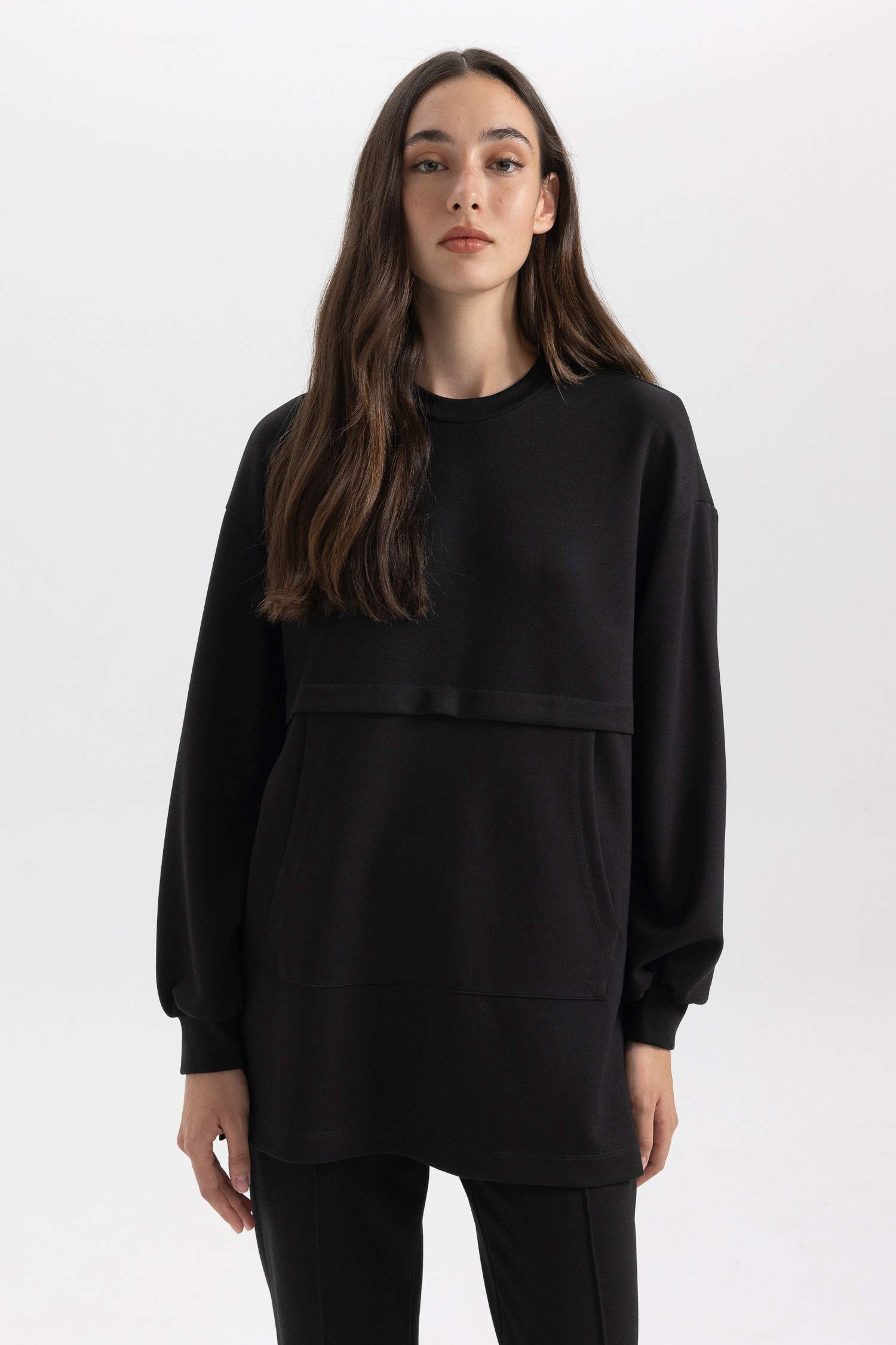 تونيك كم طويل قصة عادية بياقة مستديرة