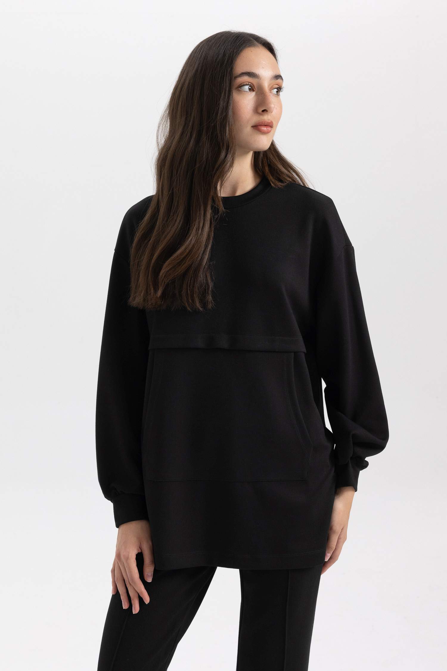 تونيك كم طويل قصة عادية بياقة مستديرة