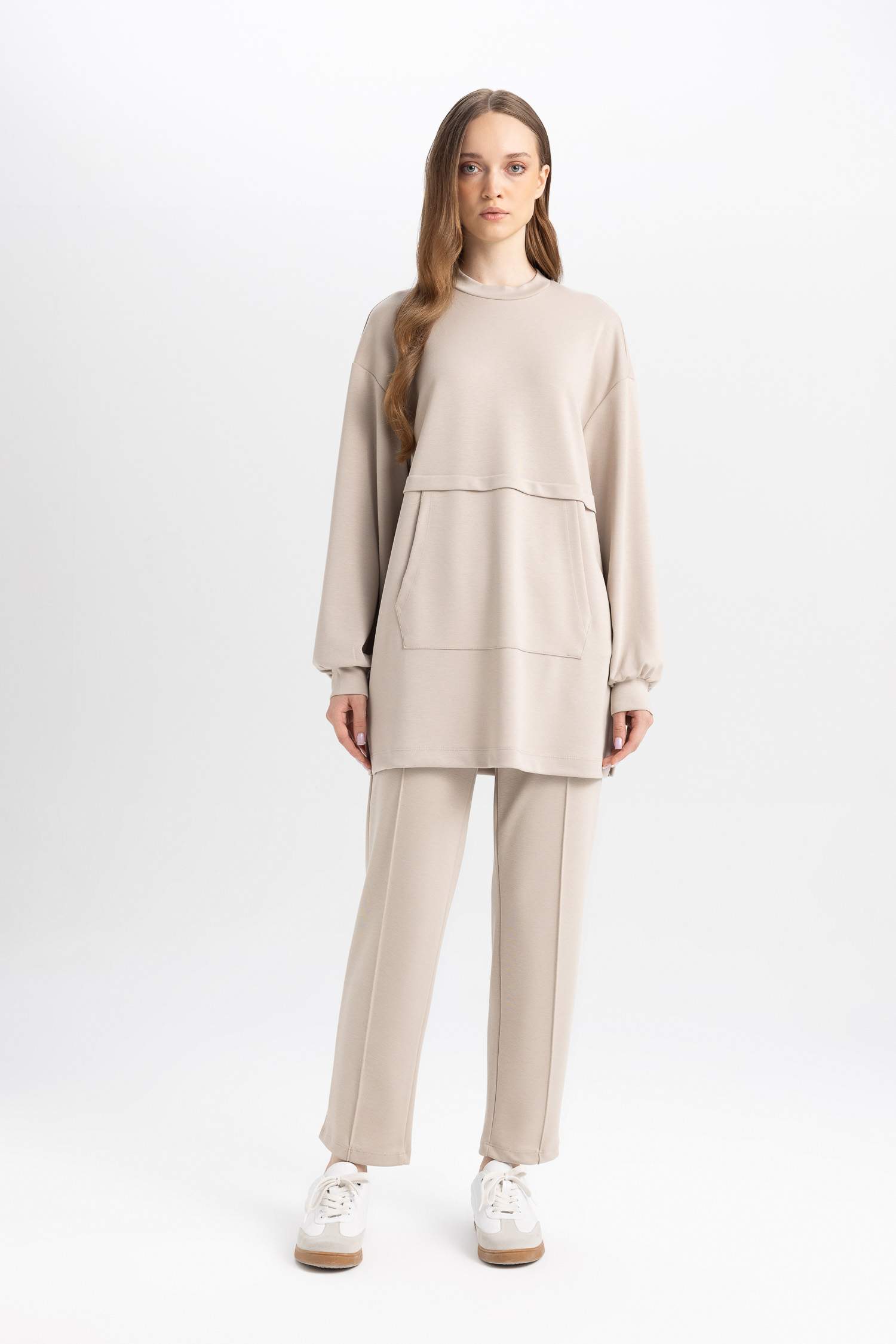 Regular Fit Bisiklet Yaka Kanguru Cepli Basic Düz Sweatshirt Tunik