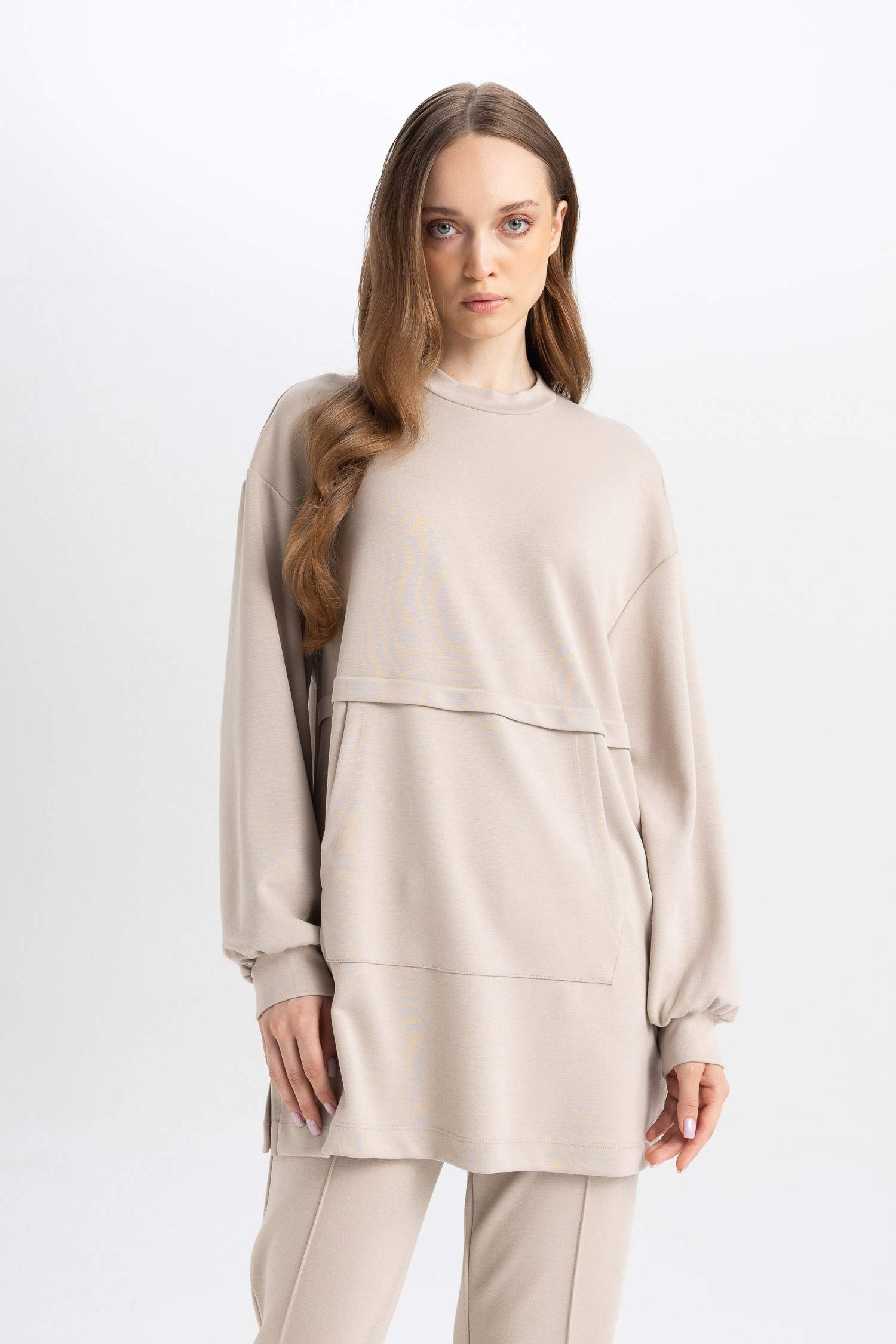 Regular Fit Bisiklet Yaka Kanguru Cepli Basic Düz Sweatshirt Tunik