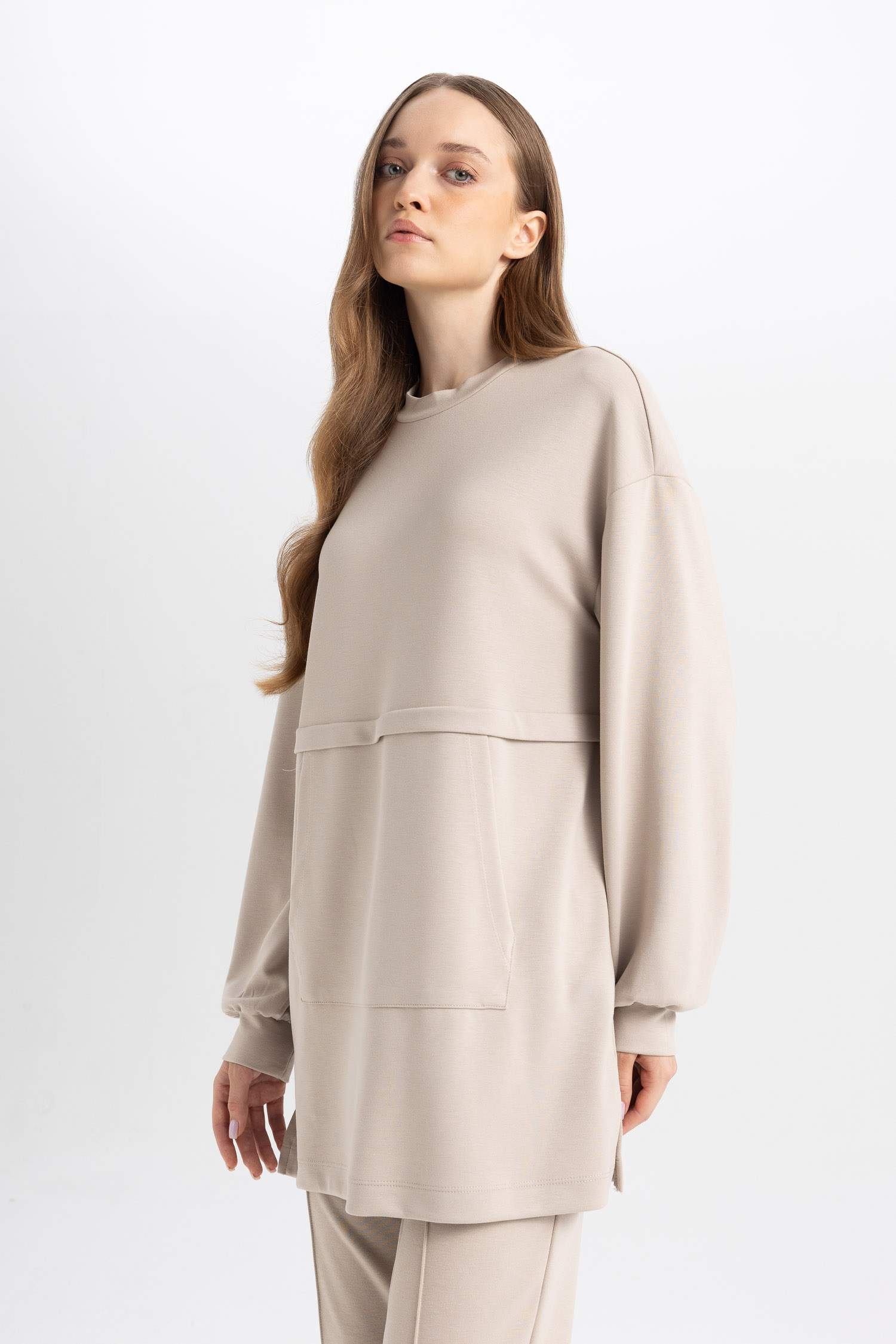 Regular Fit Bisiklet Yaka Kanguru Cepli Basic Düz Sweatshirt Tunik