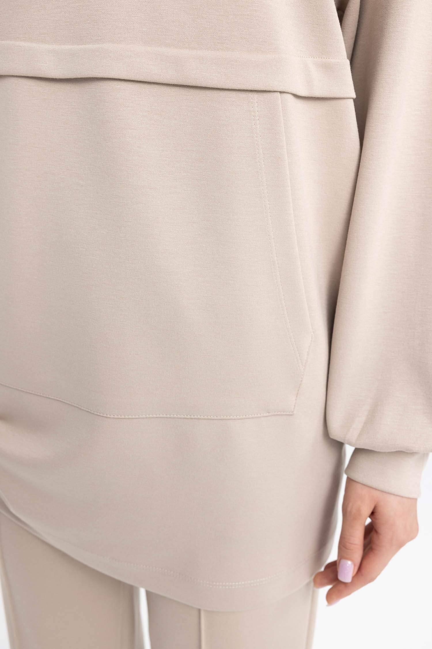 Regular Fit Bisiklet Yaka Kanguru Cepli Basic Düz Sweatshirt Tunik