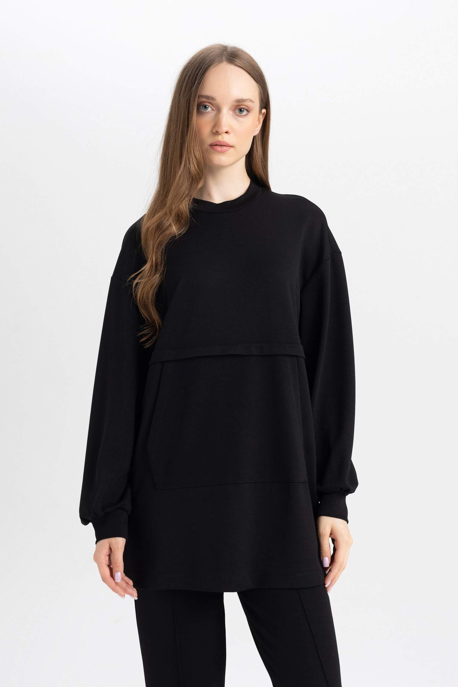 Regular Fit Bisiklet Yaka Kanguru Cepli Basic Düz Sweatshirt Tunik