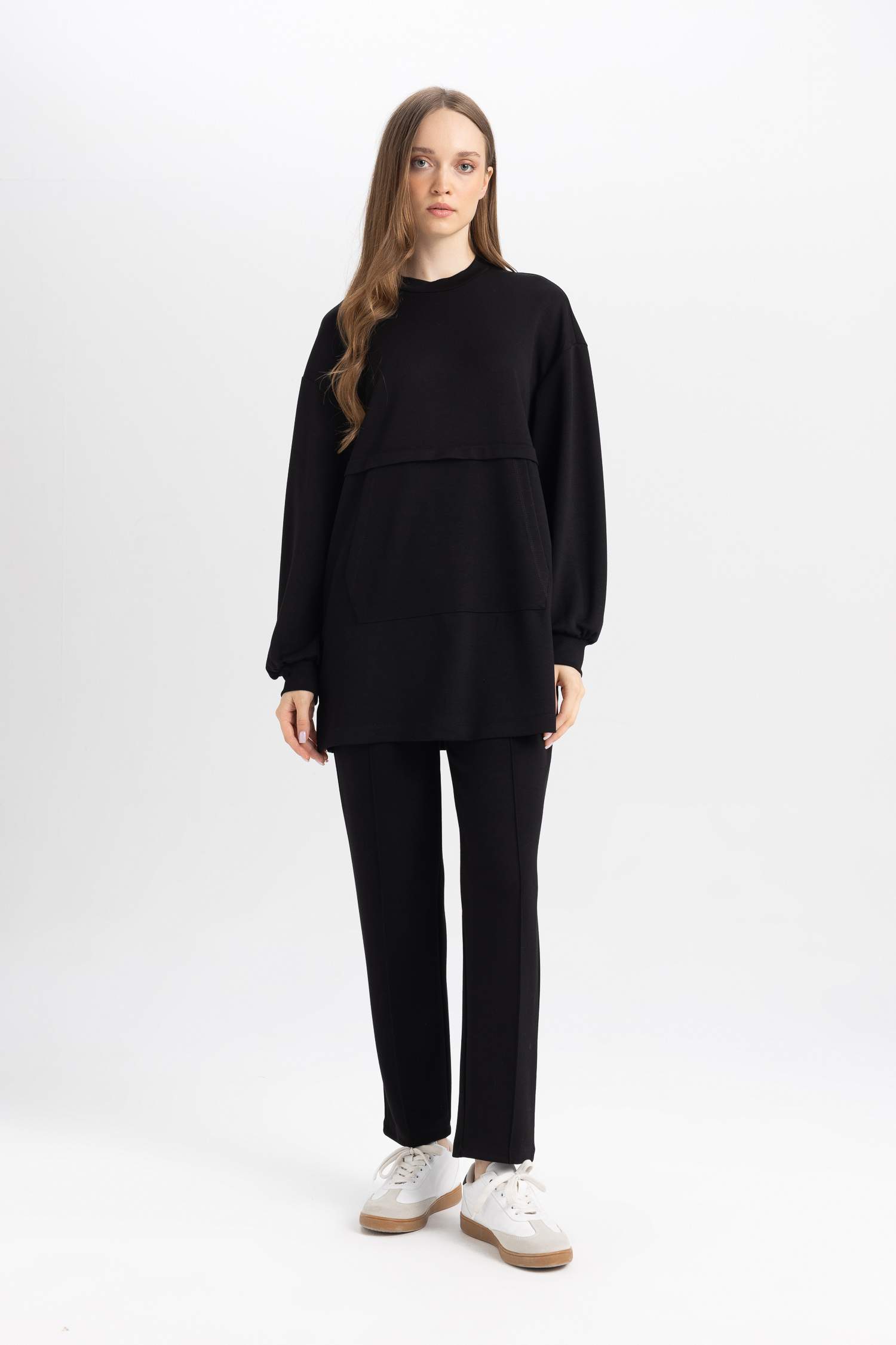 Regular Fit Bisiklet Yaka Kanguru Cepli Basic Düz Sweatshirt Tunik