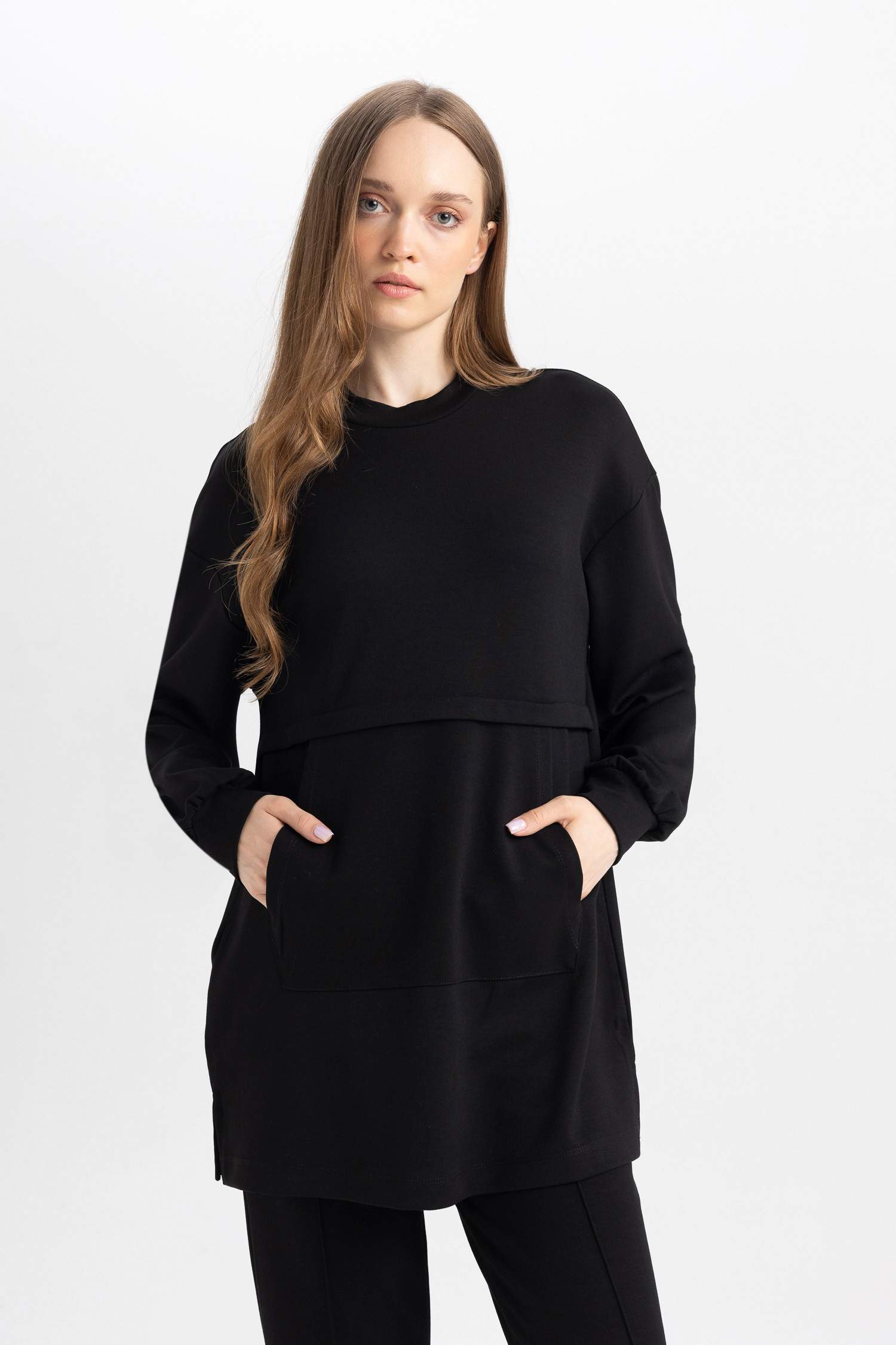 Regular Fit Bisiklet Yaka Kanguru Cepli Basic Düz Sweatshirt Tunik