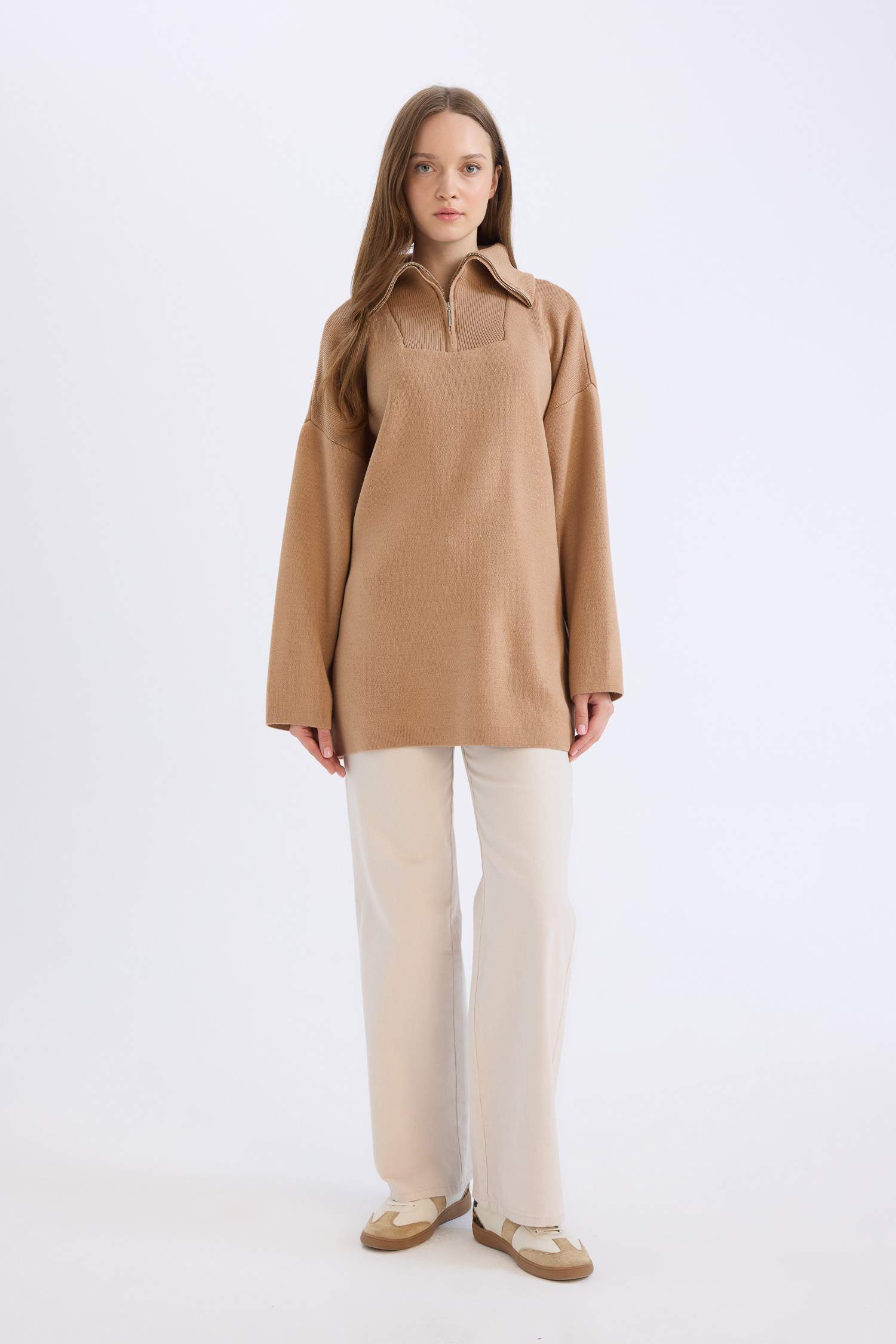 Regular Fit Fermuarlı Dik Yaka Triko Kazak Tunik	