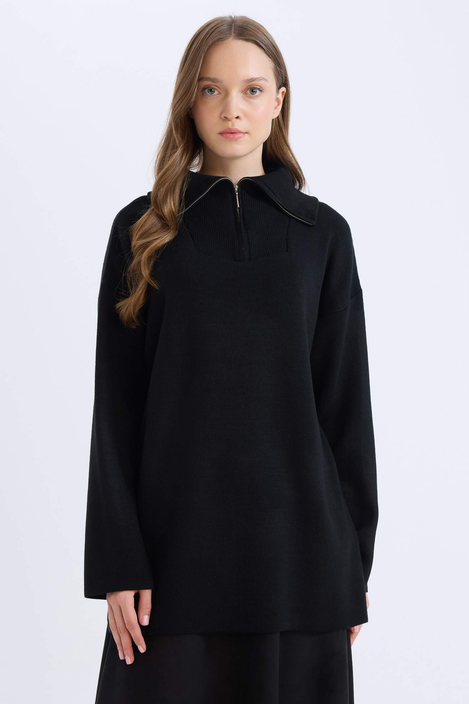 Regular Fit Fermuarlı Dik Yaka Triko Kazak Tunik