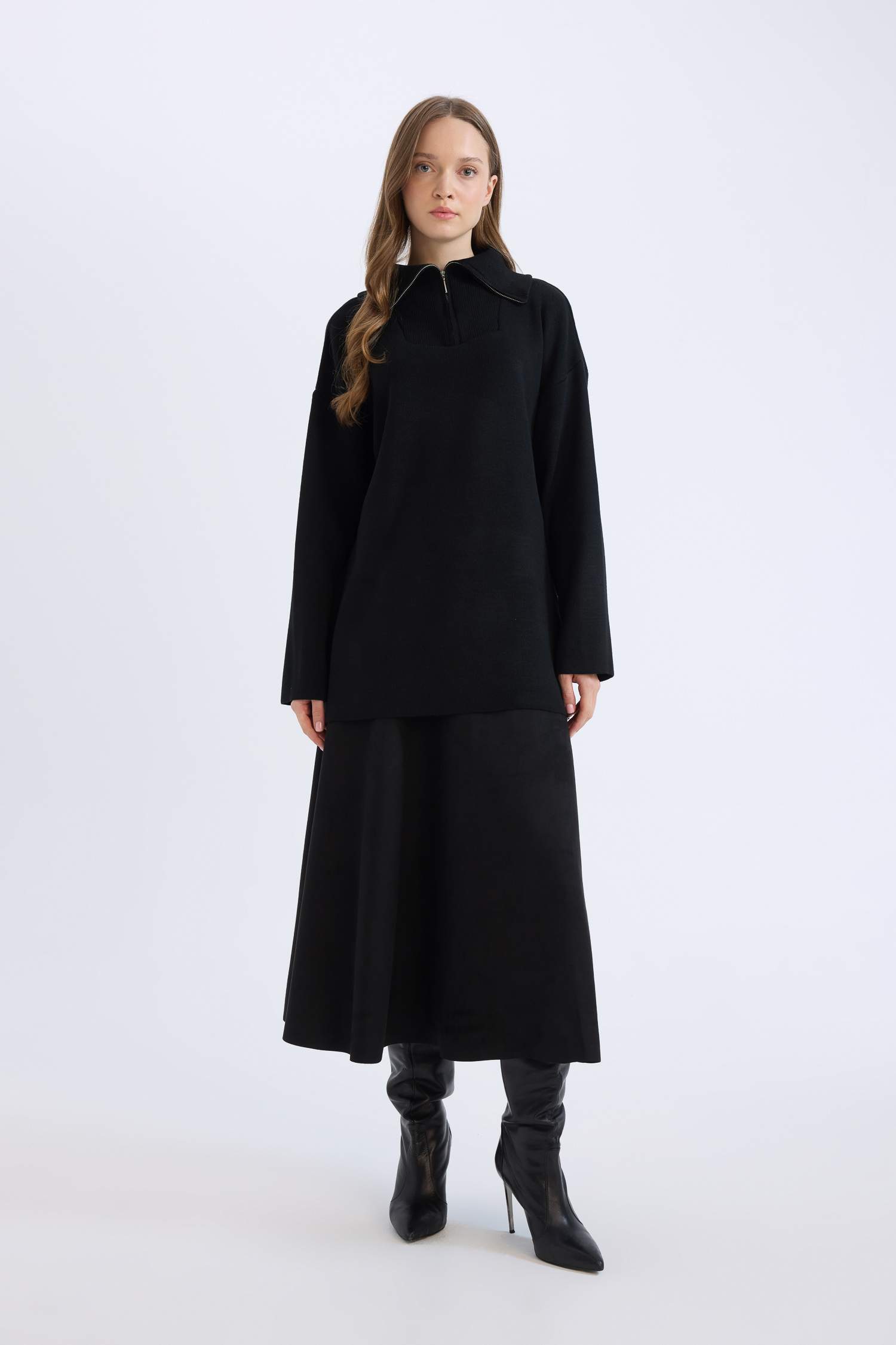 Regular Fit Fermuarlı Dik Yaka Triko Kazak Tunik